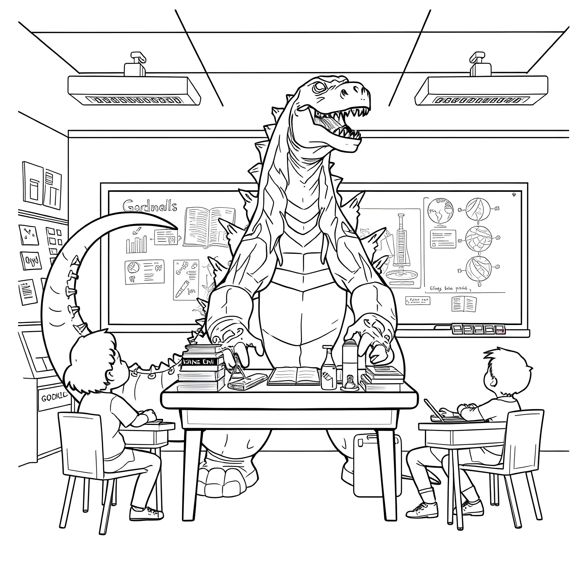 Godzilla teaches students in the classroom Coloring Page (free black-and-white line drawing printable PDF for all, from beginners to advanced learners, including children, teens, adults, and seniors)