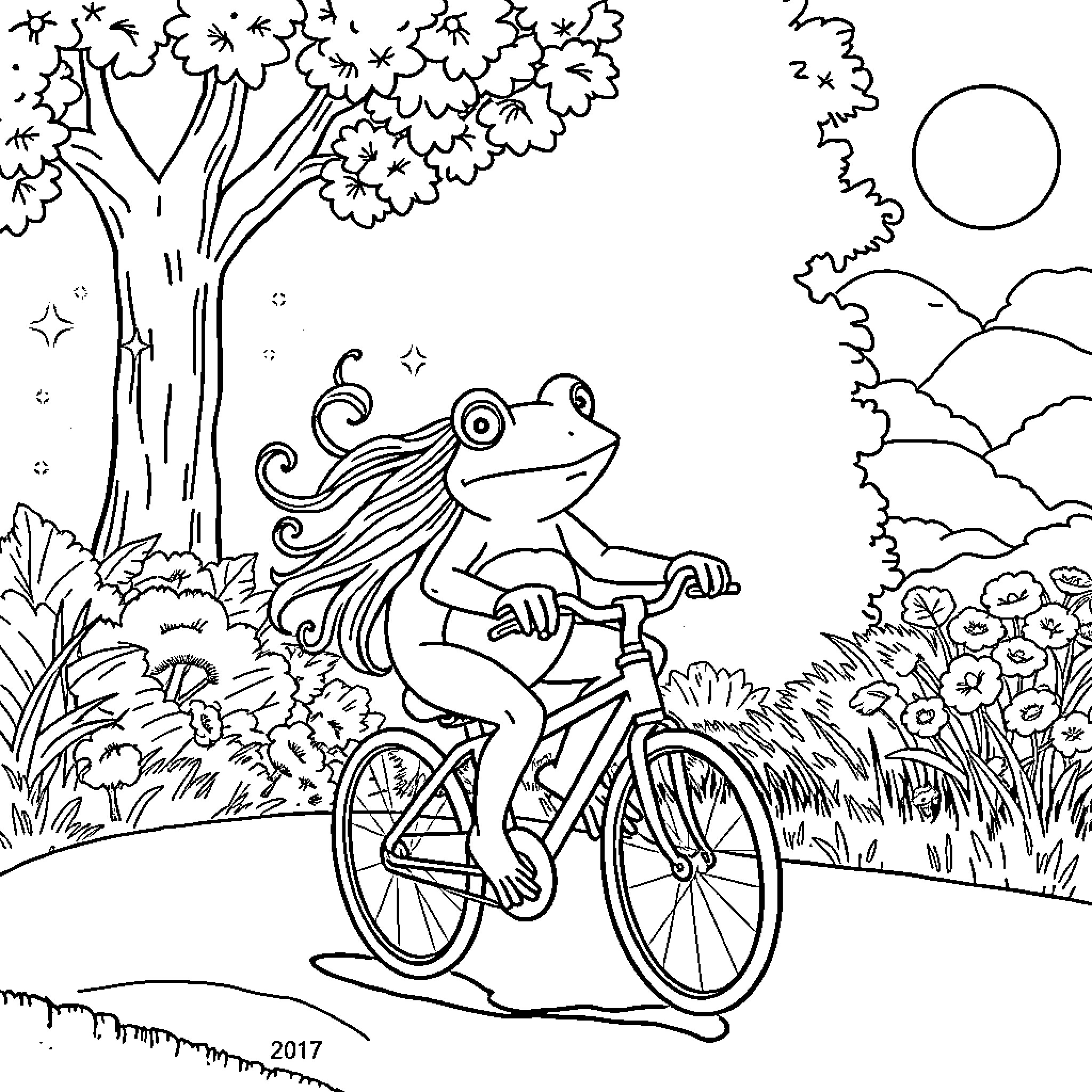 Frog riding bicycle in nature landscape Coloring Page (free black-and-white line drawing printable PDF for all, from beginners to advanced learners, including children, teens, adults, and seniors)