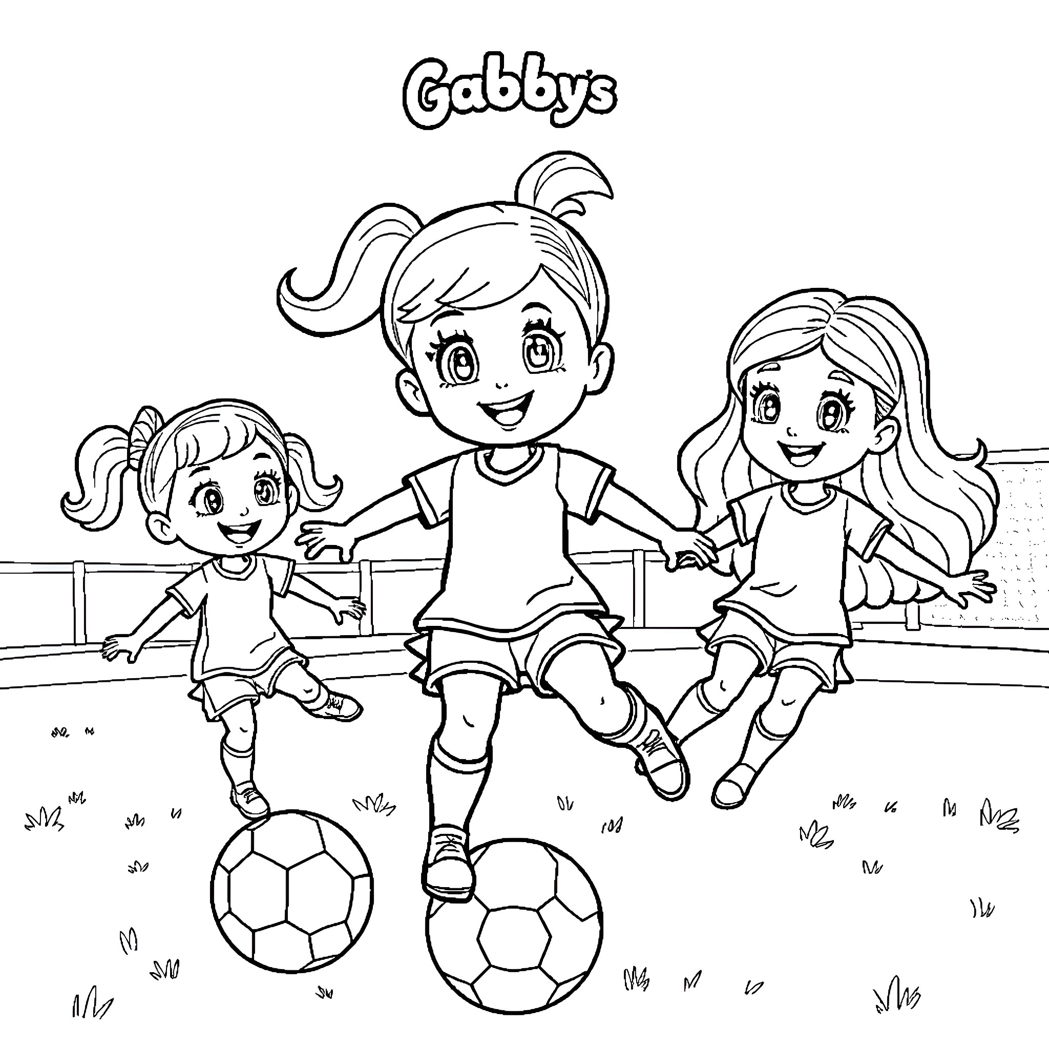 Gabby's Playful Soccer Adventure Coloring Page (free black-and-white line drawing printable PDF for all, from beginners to advanced learners, including children, teens, adults, and seniors)