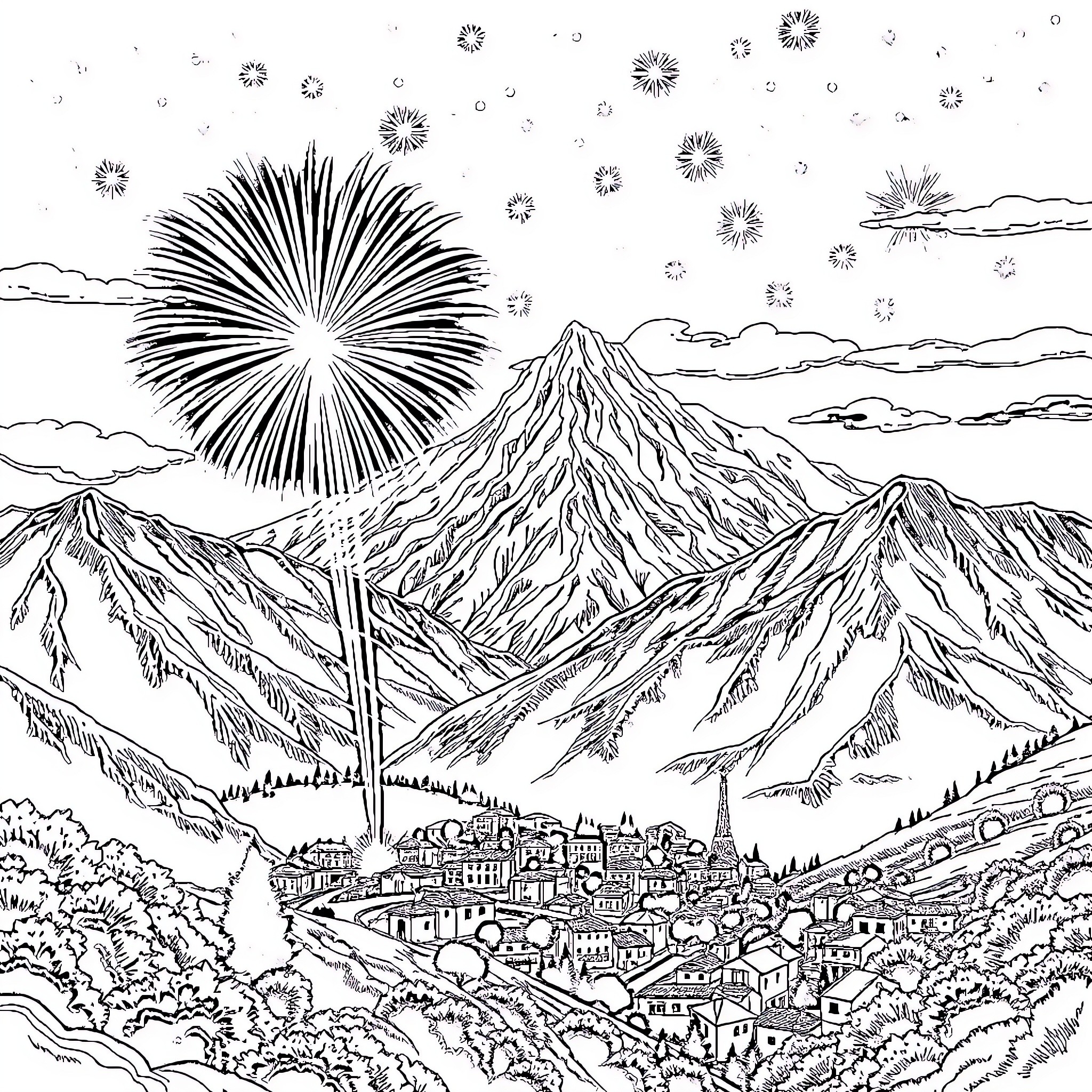 Firework display over mountainous landscape Coloring Page (free black-and-white line drawing printable PDF for all, from beginners to advanced learners, including children, teens, adults, and seniors)