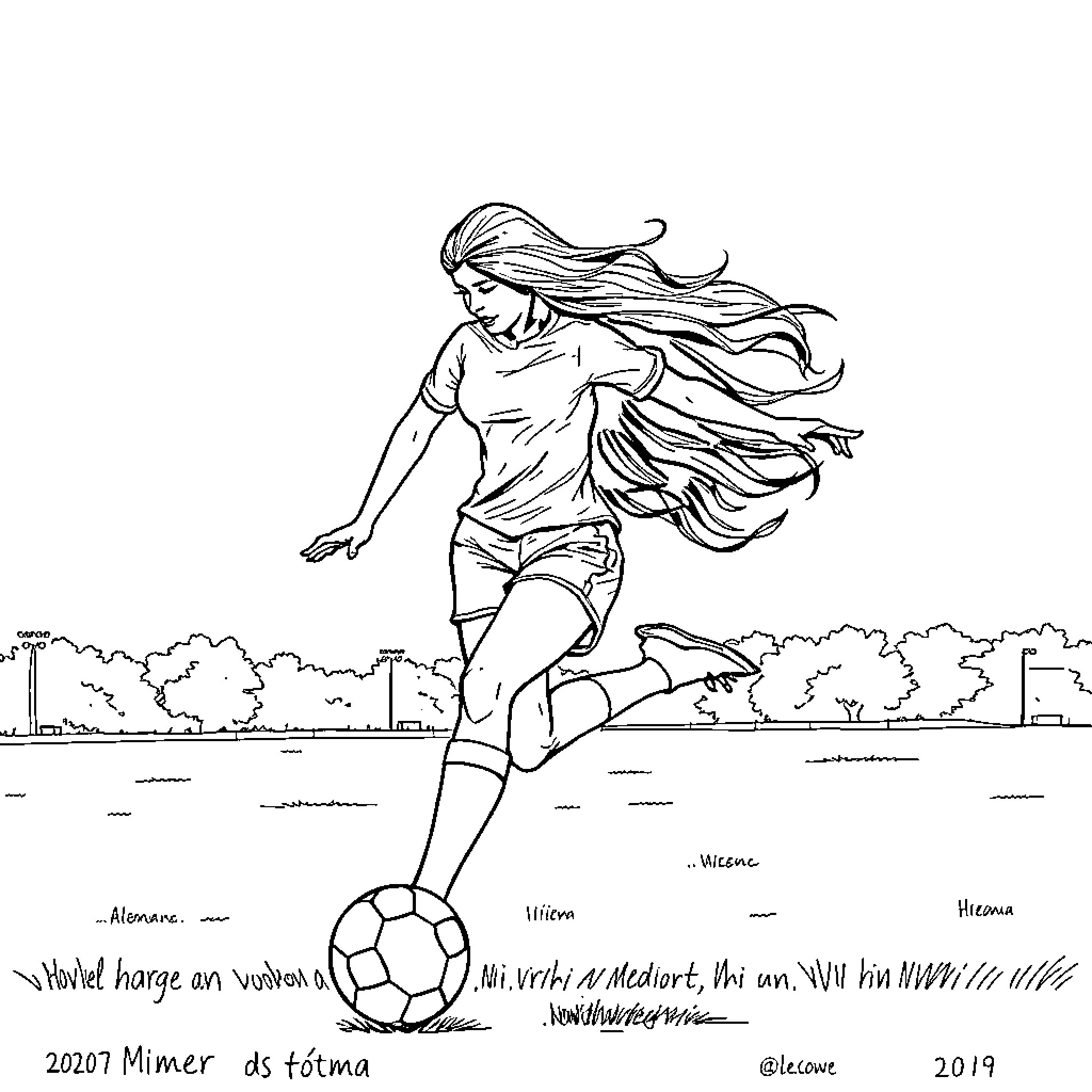 Bag of a woman playing soccer outdoors Coloring Page (free black-and-white line drawing printable PDF for all, from beginners to advanced learners, including children, teens, adults, and seniors)