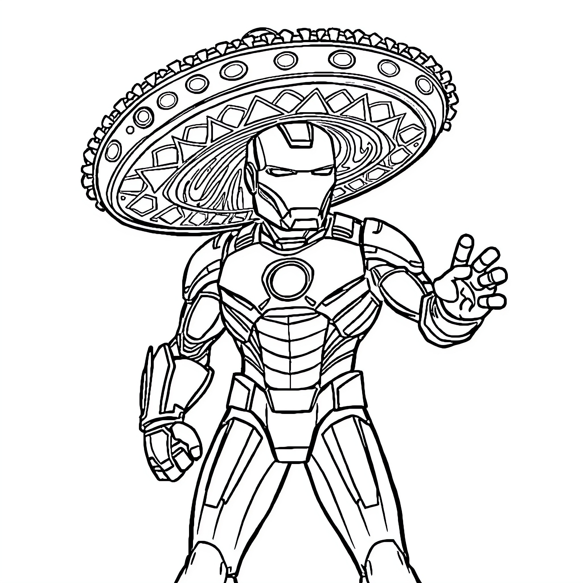 Iron Man wears a Mexican-inspired costume Coloring Page (free black-and-white line drawing printable PDF for all, from beginners to advanced learners, including children, teens, adults, and seniors)