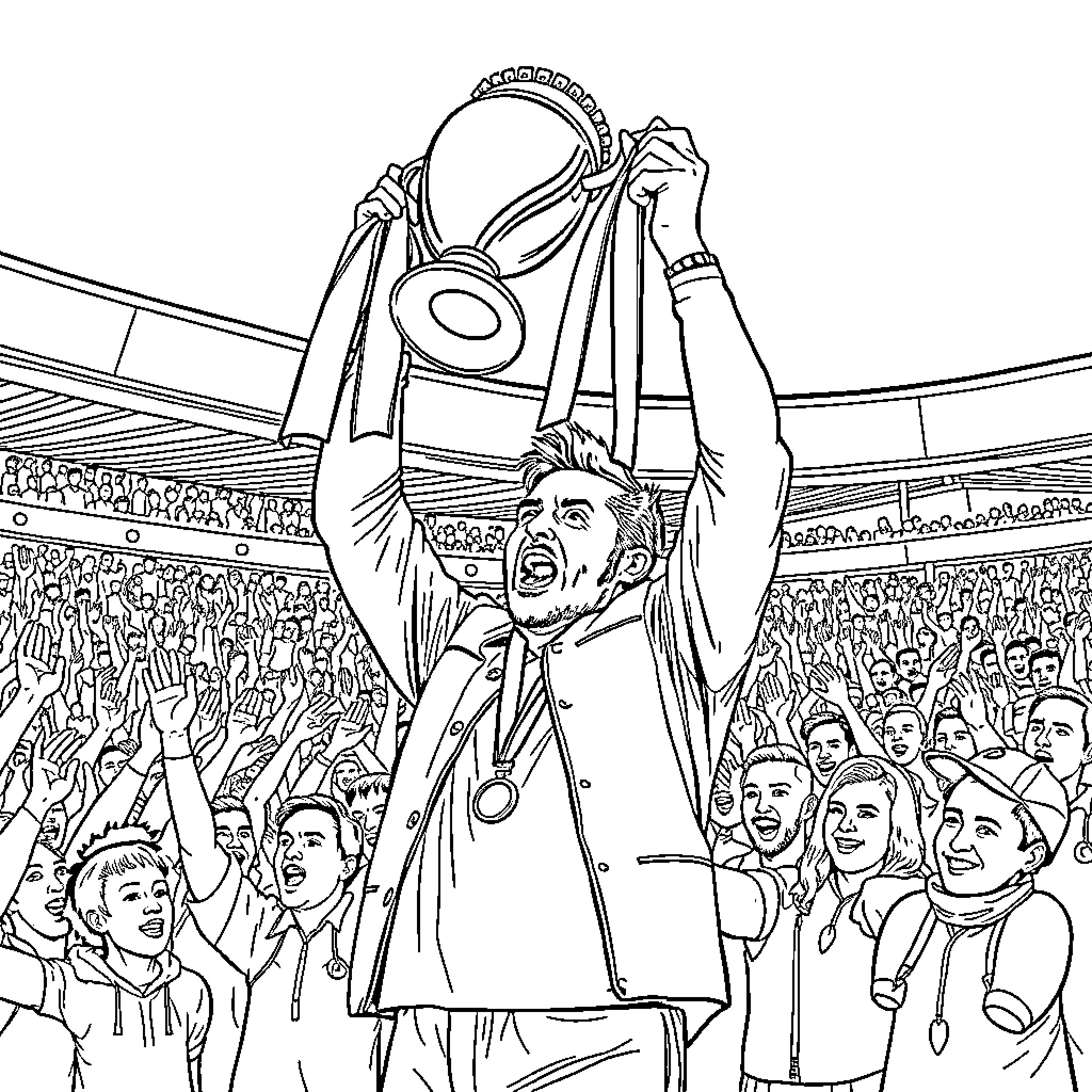 Derek McInnes celebrates trophy victory with cheering crowd Coloring Page (free black-and-white line drawing printable PDF for all, from beginners to advanced learners, including children, teens, adults, and seniors)