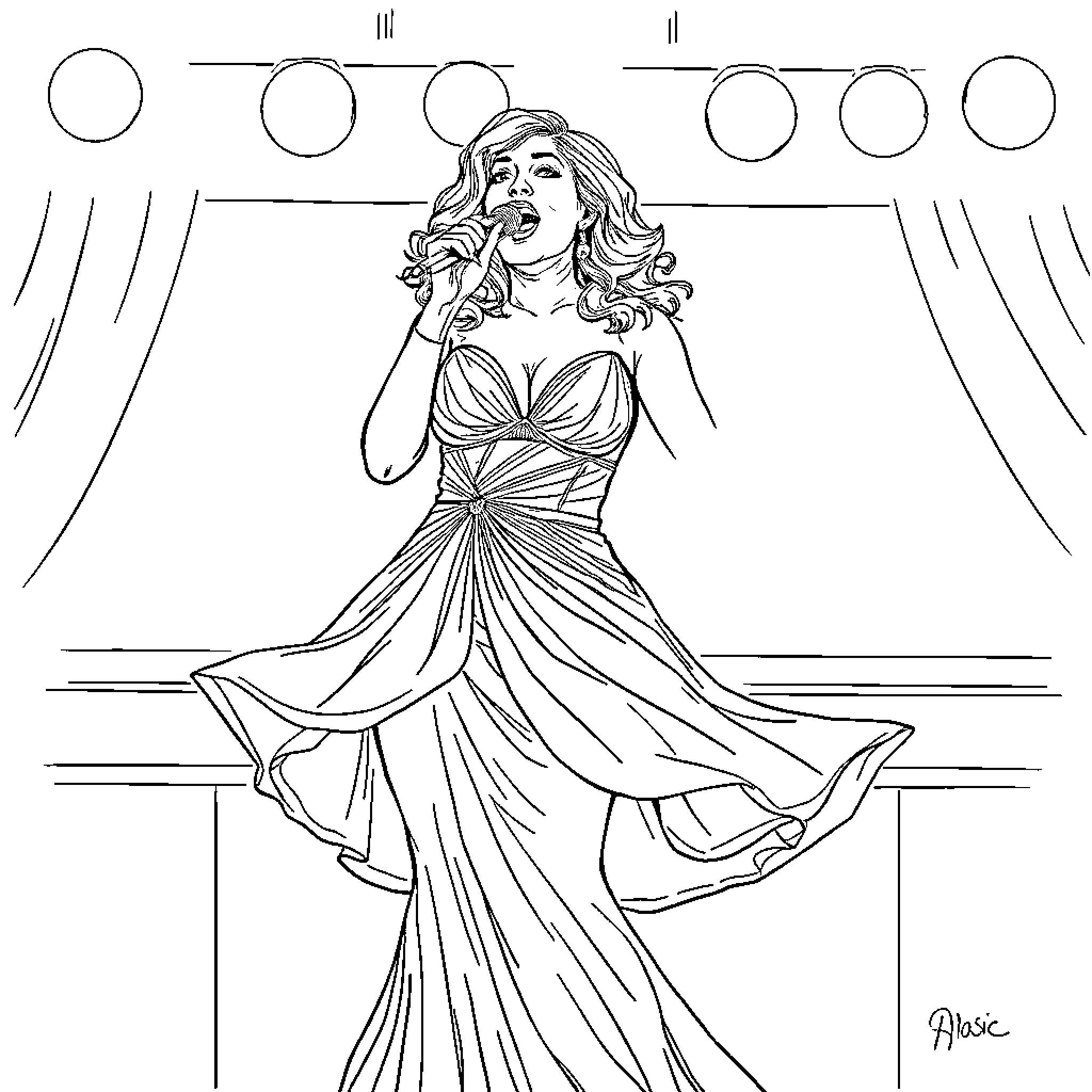 Toni Braxton Performing on Stage in Elegant Gown Coloring Page (free black-and-white line drawing printable PDF for all, from beginners to advanced learners, including children, teens, adults, and seniors)