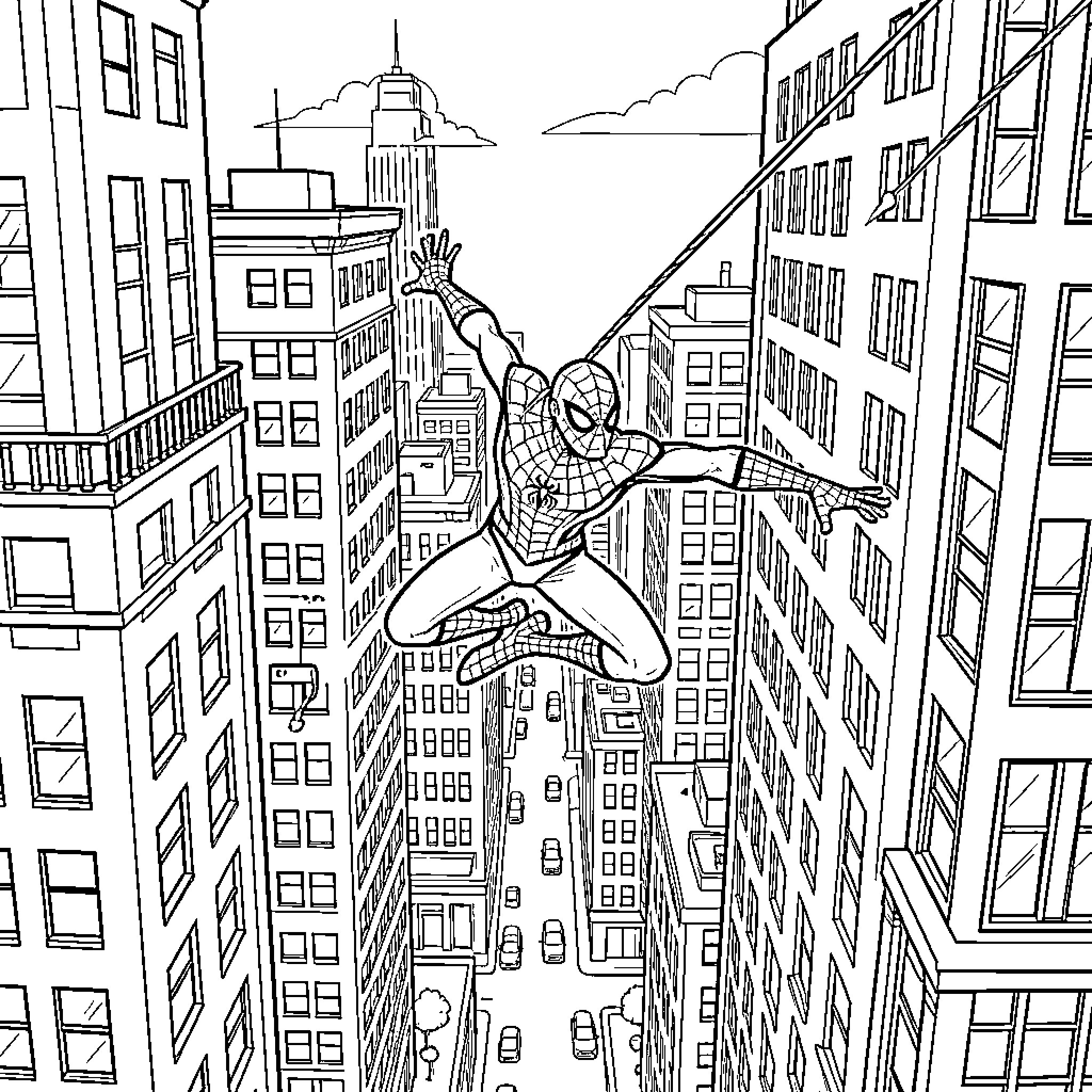 Spiderman swinging through the tall city buildings Coloring Page (free black-and-white line drawing printable PDF for all, from beginners to advanced learners, including children, teens, adults, and seniors)