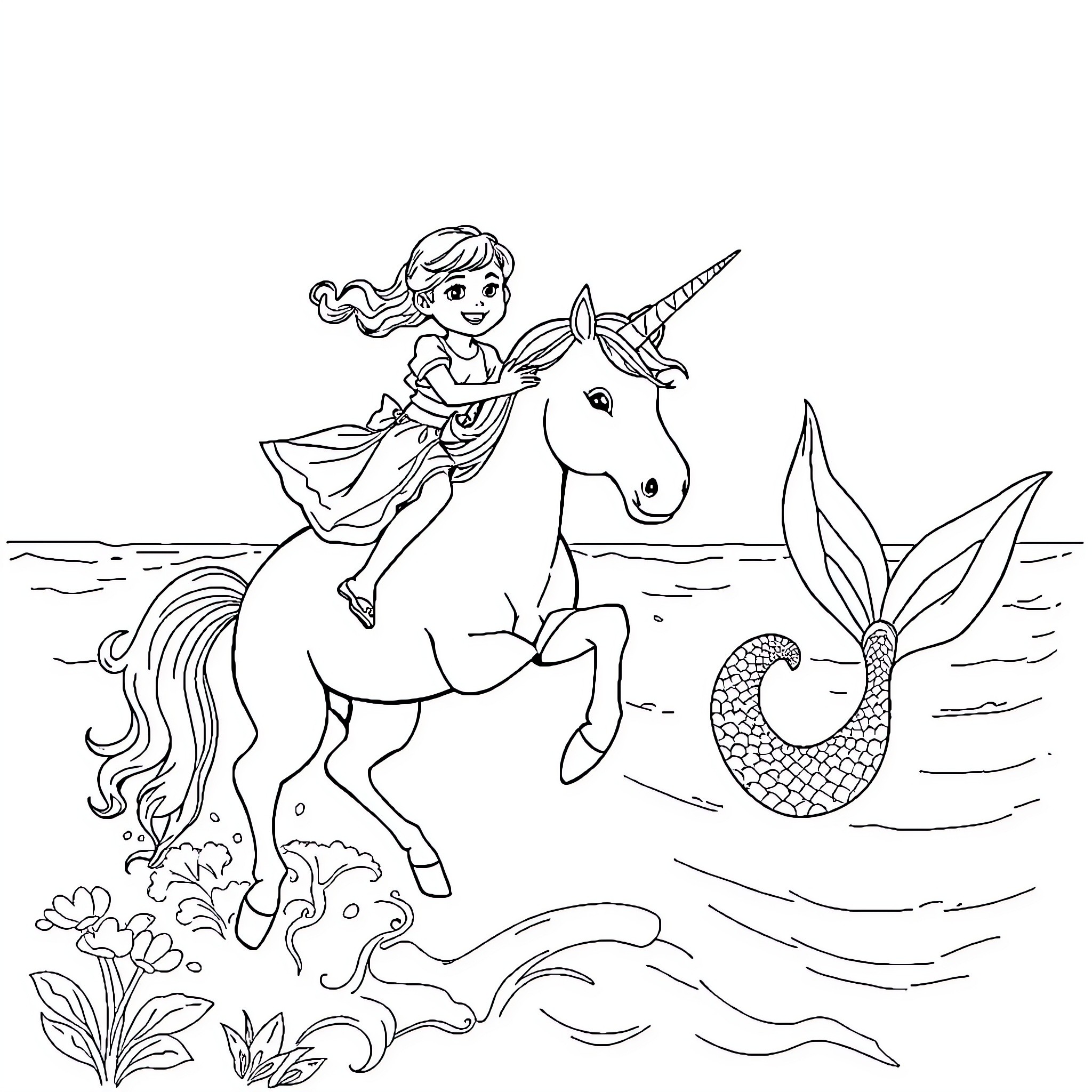Girl riding a unicorn in the ocean Coloring Page (free black-and-white line drawing printable PDF for all, from beginners to advanced learners, including children, teens, adults, and seniors)