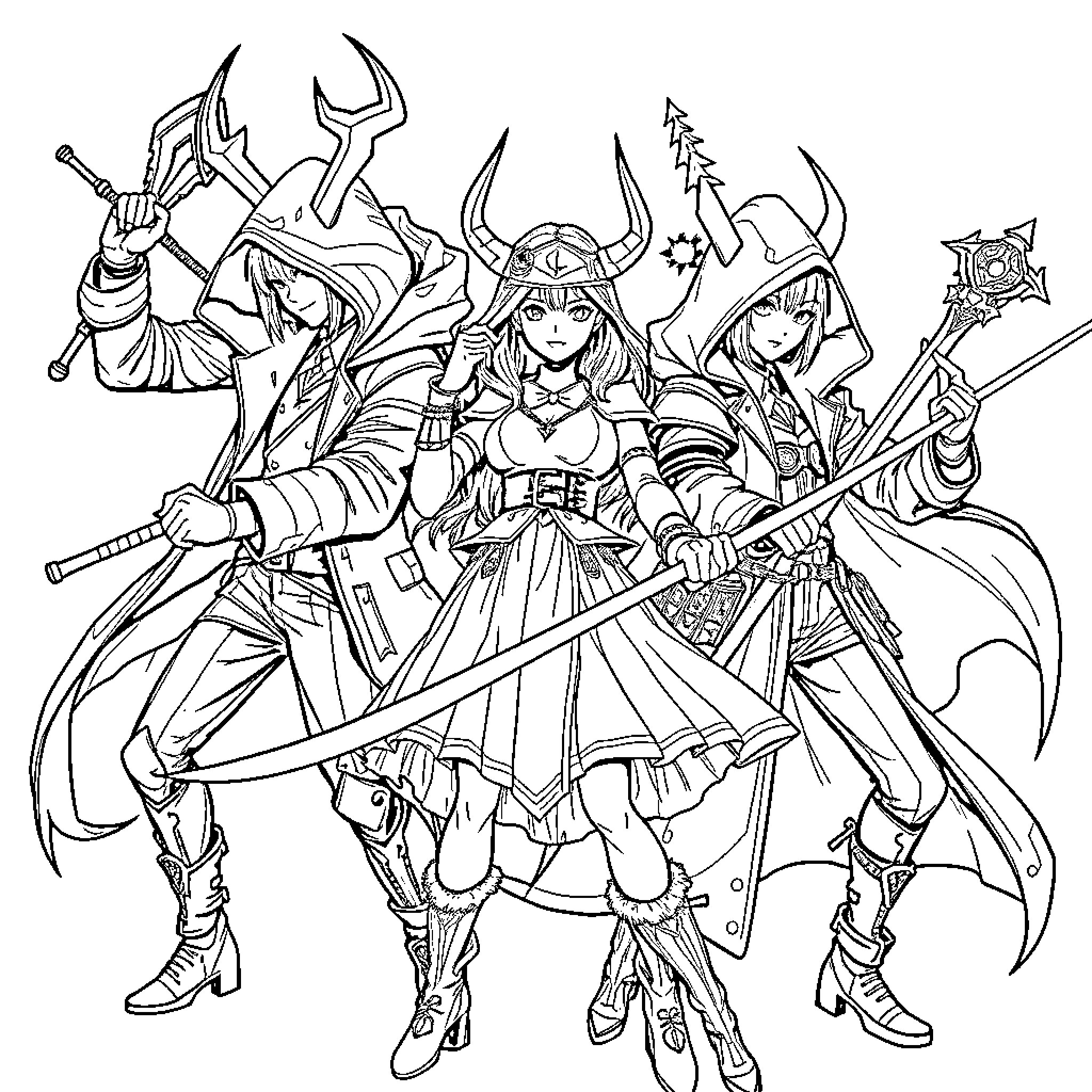Demon Hunter Warriors Unleashing Fierce Combat Coloring Page (free black-and-white line drawing printable PDF for all, from beginners to advanced learners, including children, teens, adults, and seniors)