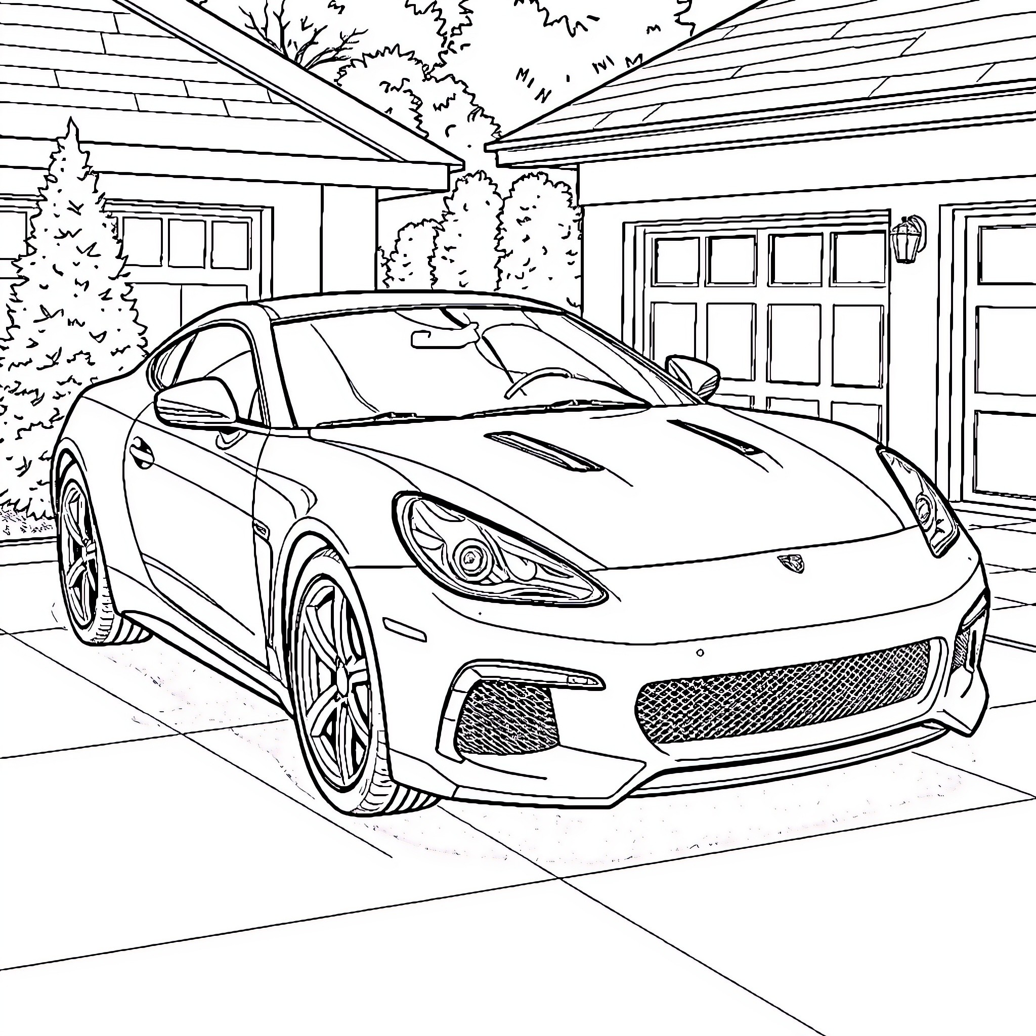 Car in garage with winter scenery Coloring Page (free black-and-white line drawing printable PDF for all, from beginners to advanced learners, including children, teens, adults, and seniors)