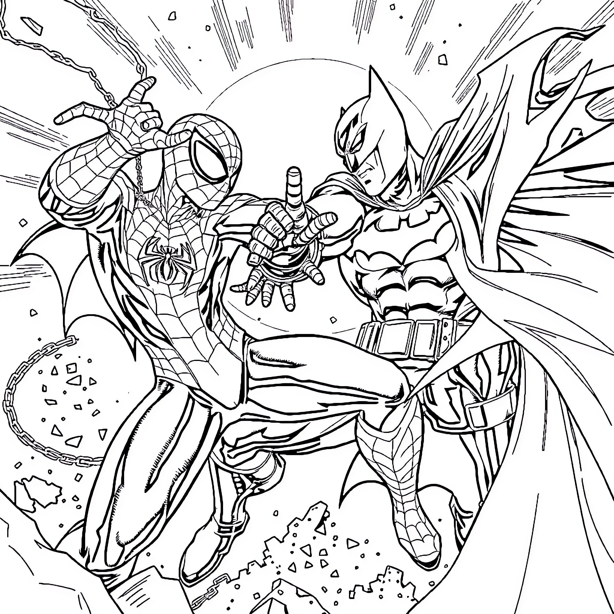 Spider-Man and Batman in an epic clash Coloring Page (free black-and-white line drawing printable PDF for all, from beginners to advanced learners, including children, teens, adults, and seniors)