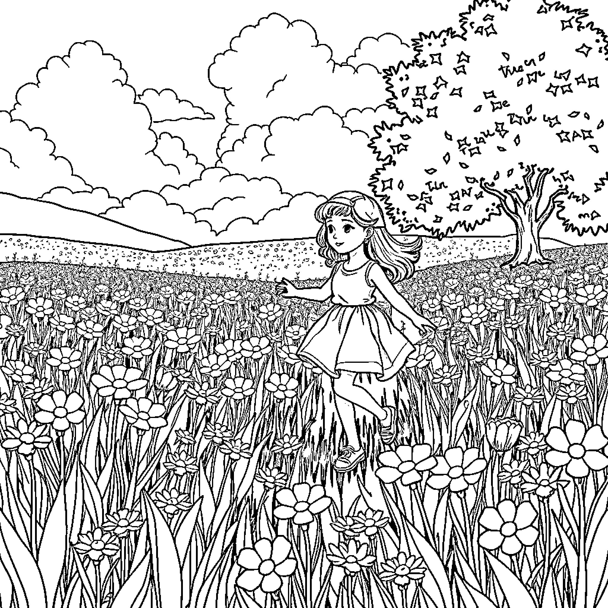 Girl exploring a vibrant floral meadow Coloring Page (free black-and-white line drawing printable PDF for all, from beginners to advanced learners, including children, teens, adults, and seniors)