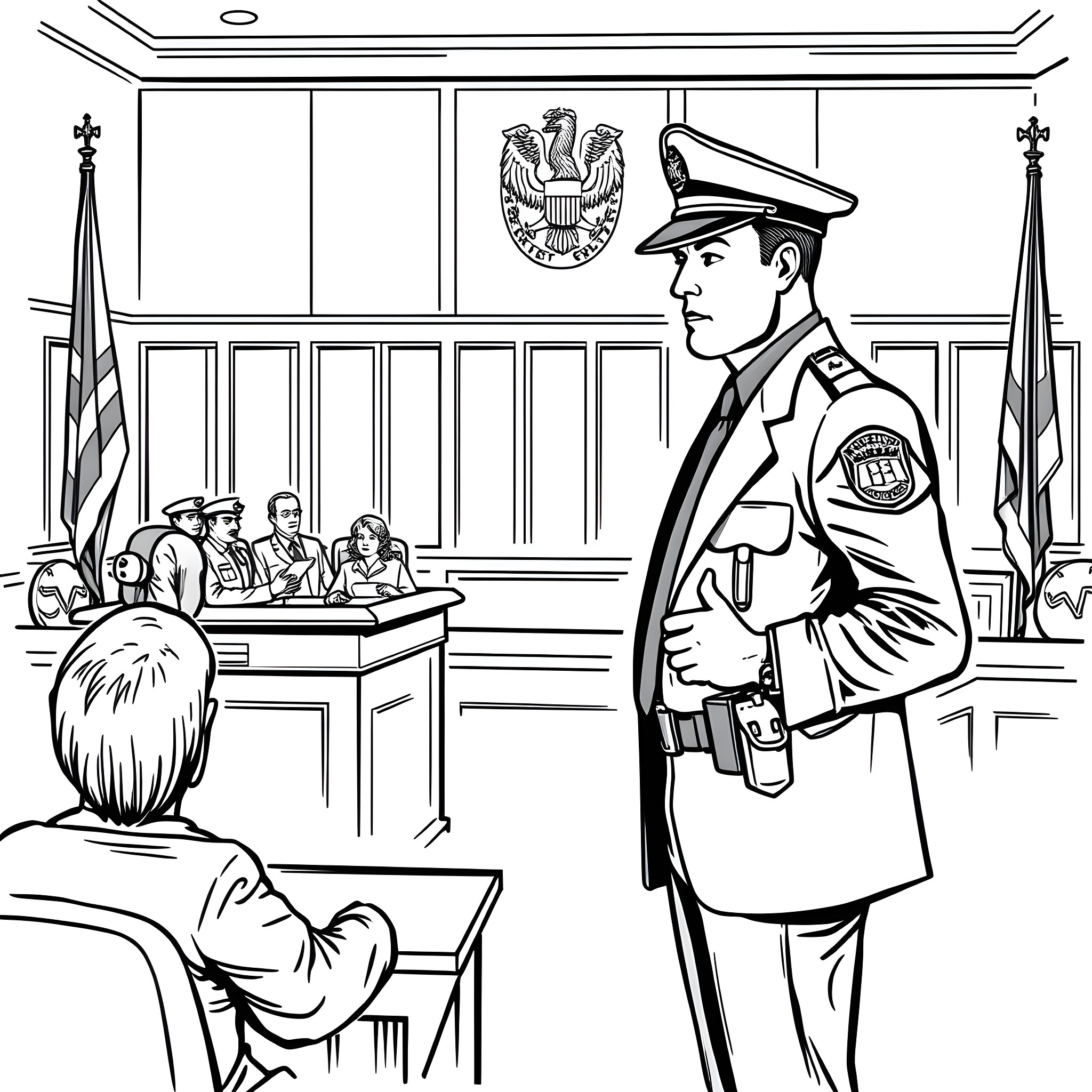 Prosecutor Presenting Evidence in Courtroom Coloring Page (free black-and-white line drawing printable PDF for all, from beginners to advanced learners, including children, teens, adults, and seniors)