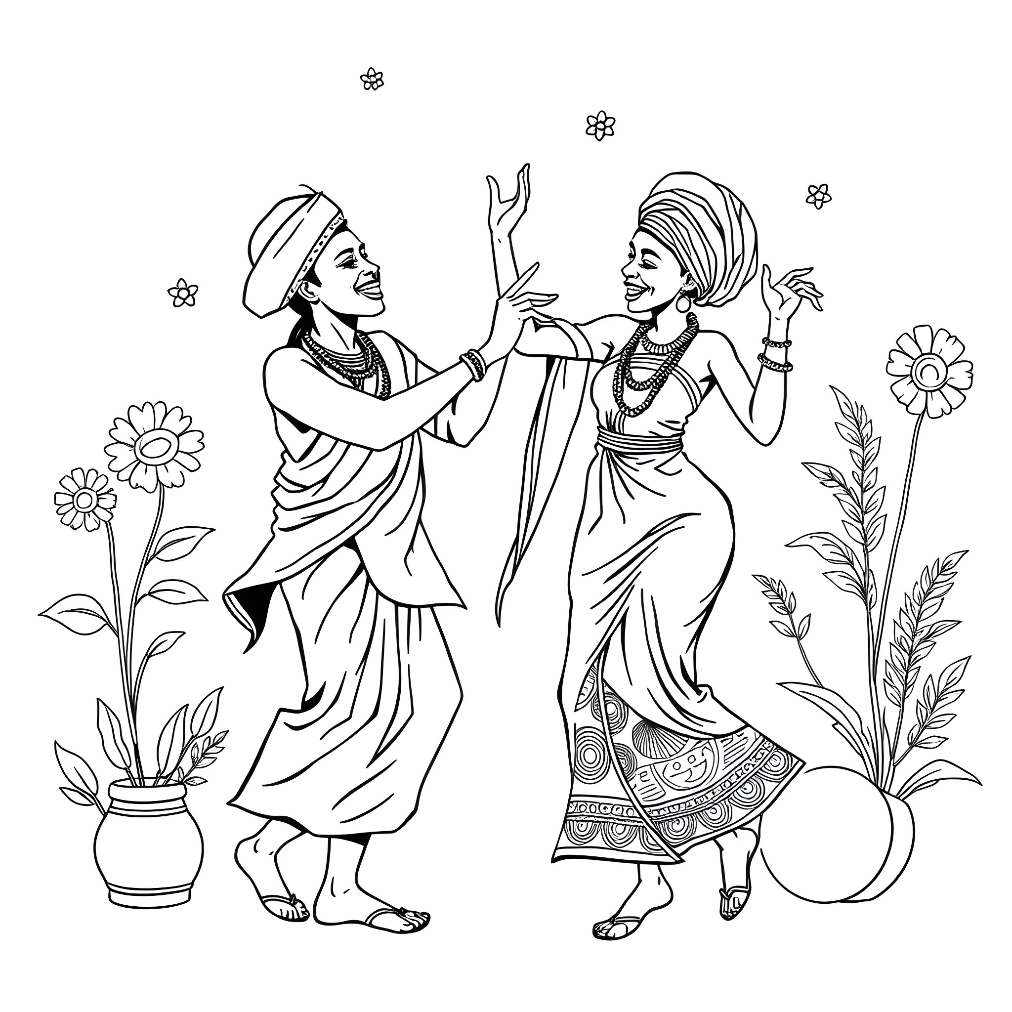 African Dancers Celebrating with Joy Coloring Page (free black-and-white line drawing printable PDF for all, from beginners to advanced learners, including children, teens, adults, and seniors)
