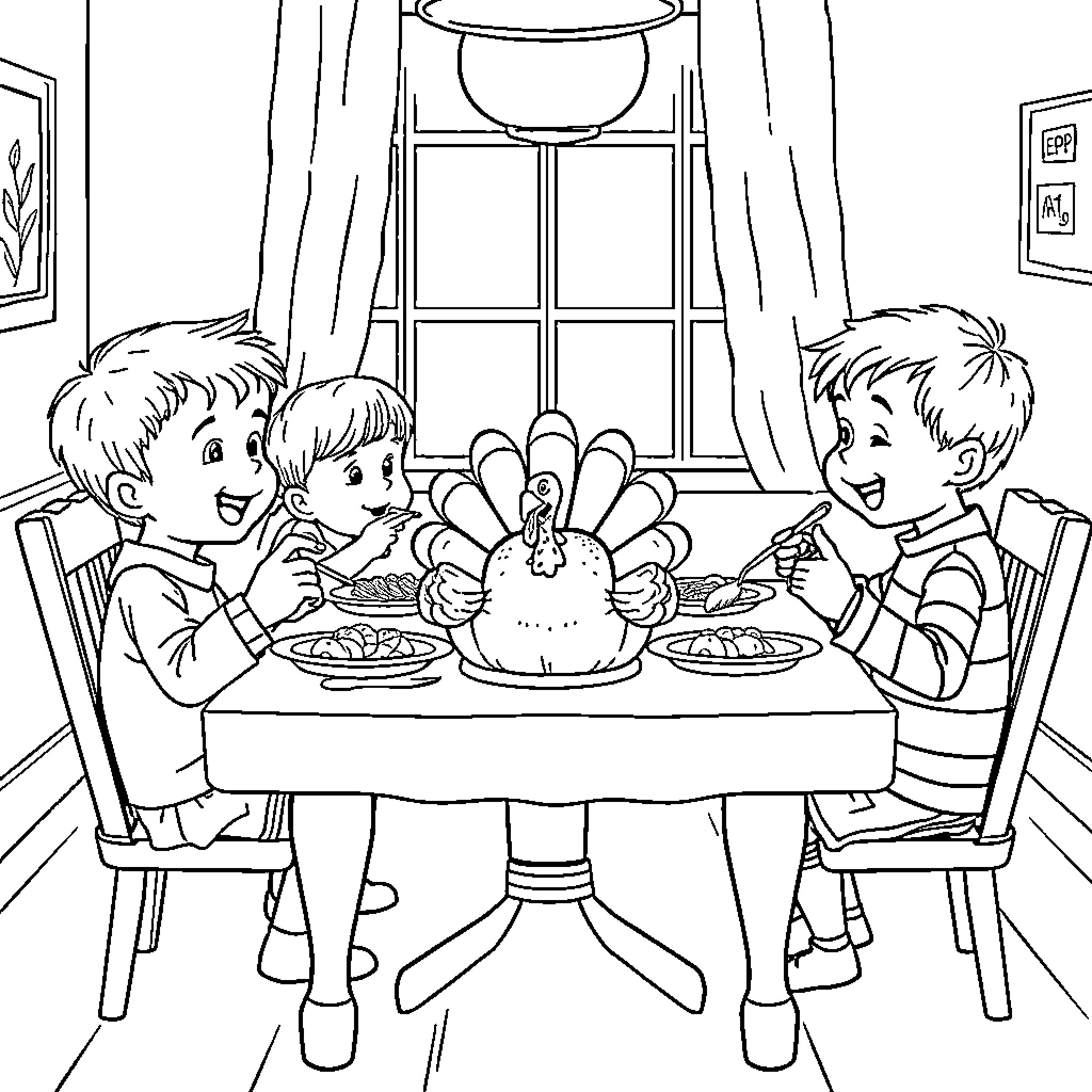 Kid Enjoying Thanksgiving Feast with Family Coloring Page (free black-and-white line drawing printable PDF for all, from beginners to advanced learners, including children, teens, adults, and seniors)