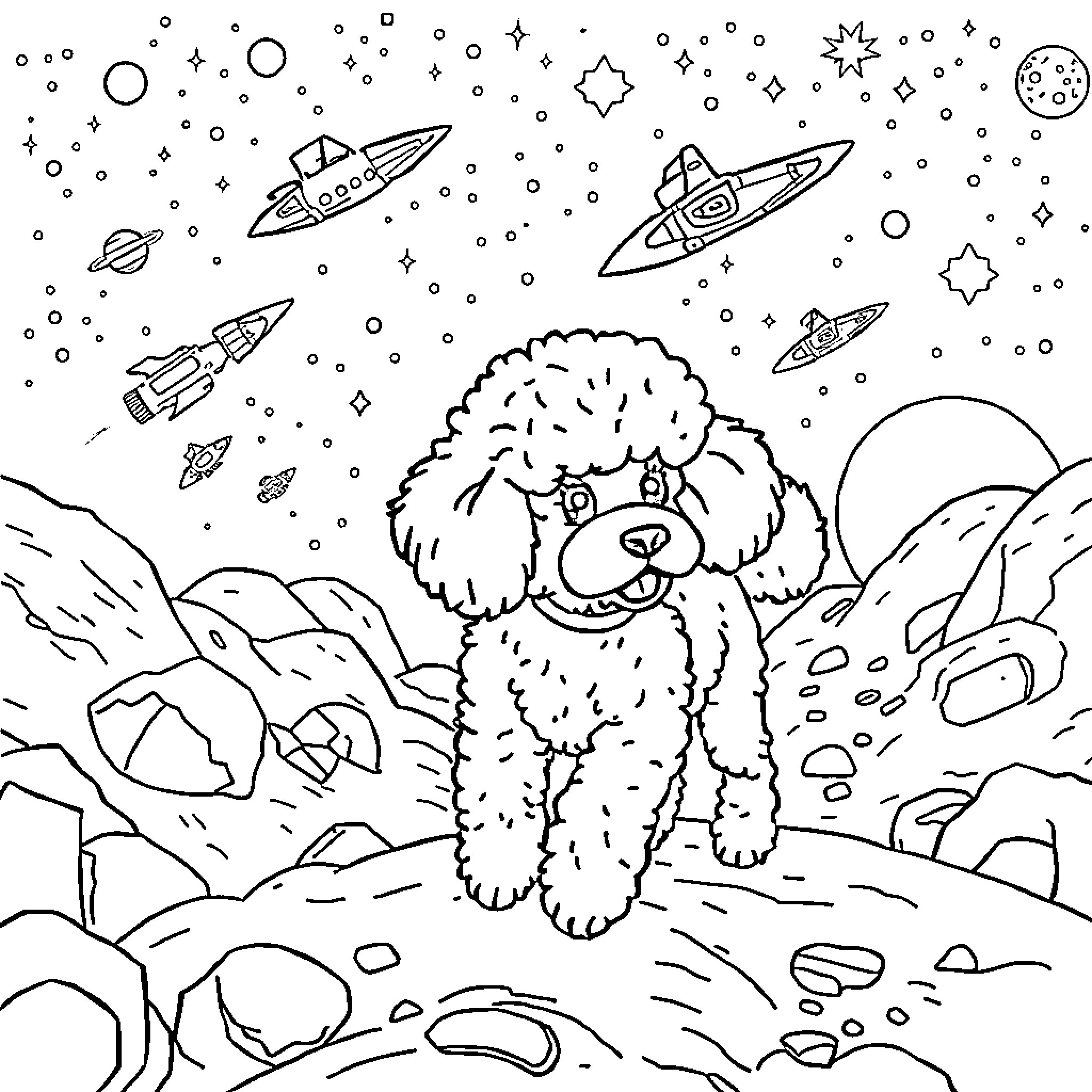 Poodle exploring the cosmic landscape Coloring Page (free black-and-white line drawing printable PDF for all, from beginners to advanced learners, including children, teens, adults, and seniors)