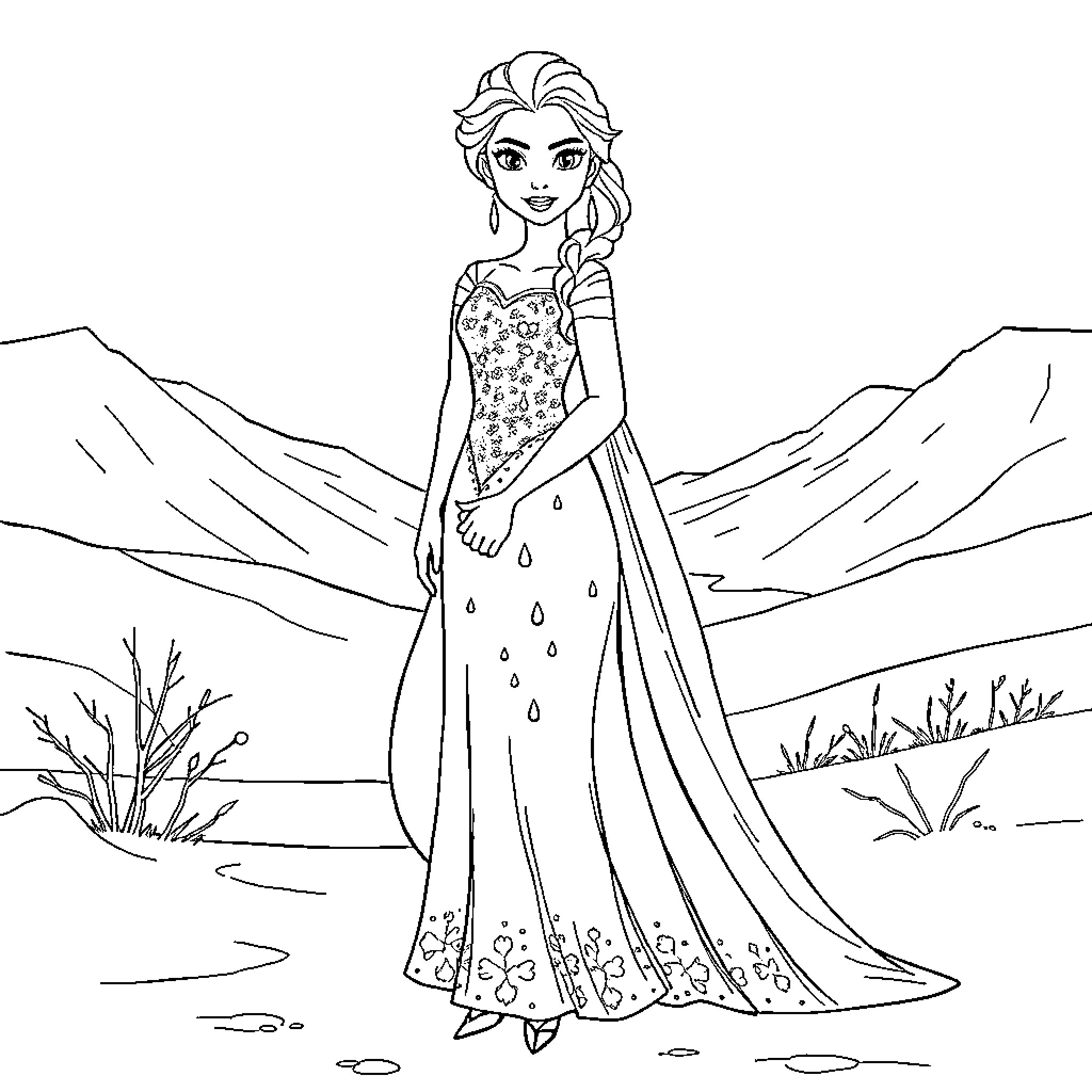 Elsa enjoying a scenic mountain landscape Coloring Page (free black-and-white line drawing printable PDF for all, from beginners to advanced learners, including children, teens, adults, and seniors)