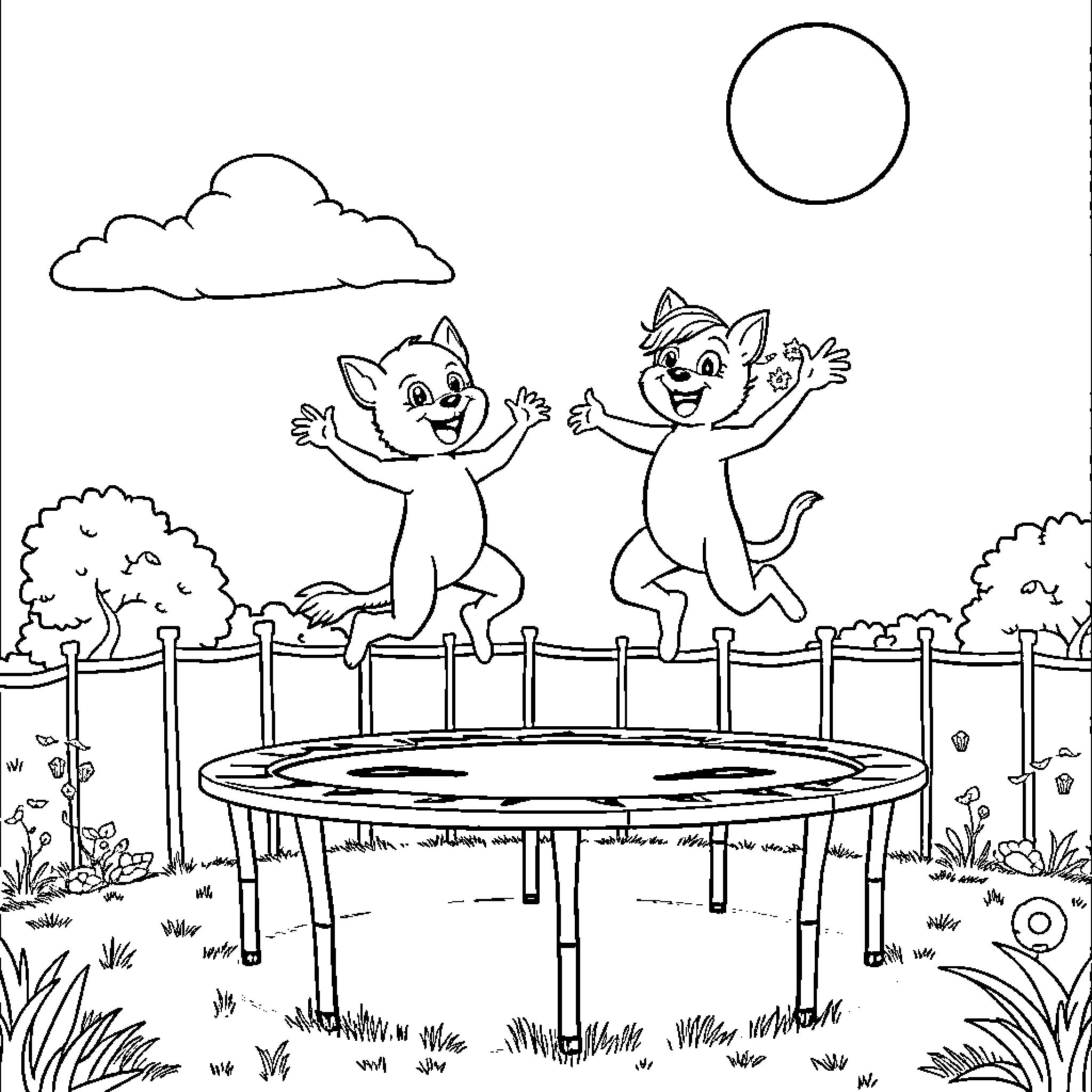Huntrix Cats Jumping on Trampoline in Nature Coloring Page (free black-and-white line drawing printable PDF for all, from beginners to advanced learners, including children, teens, adults, and seniors)