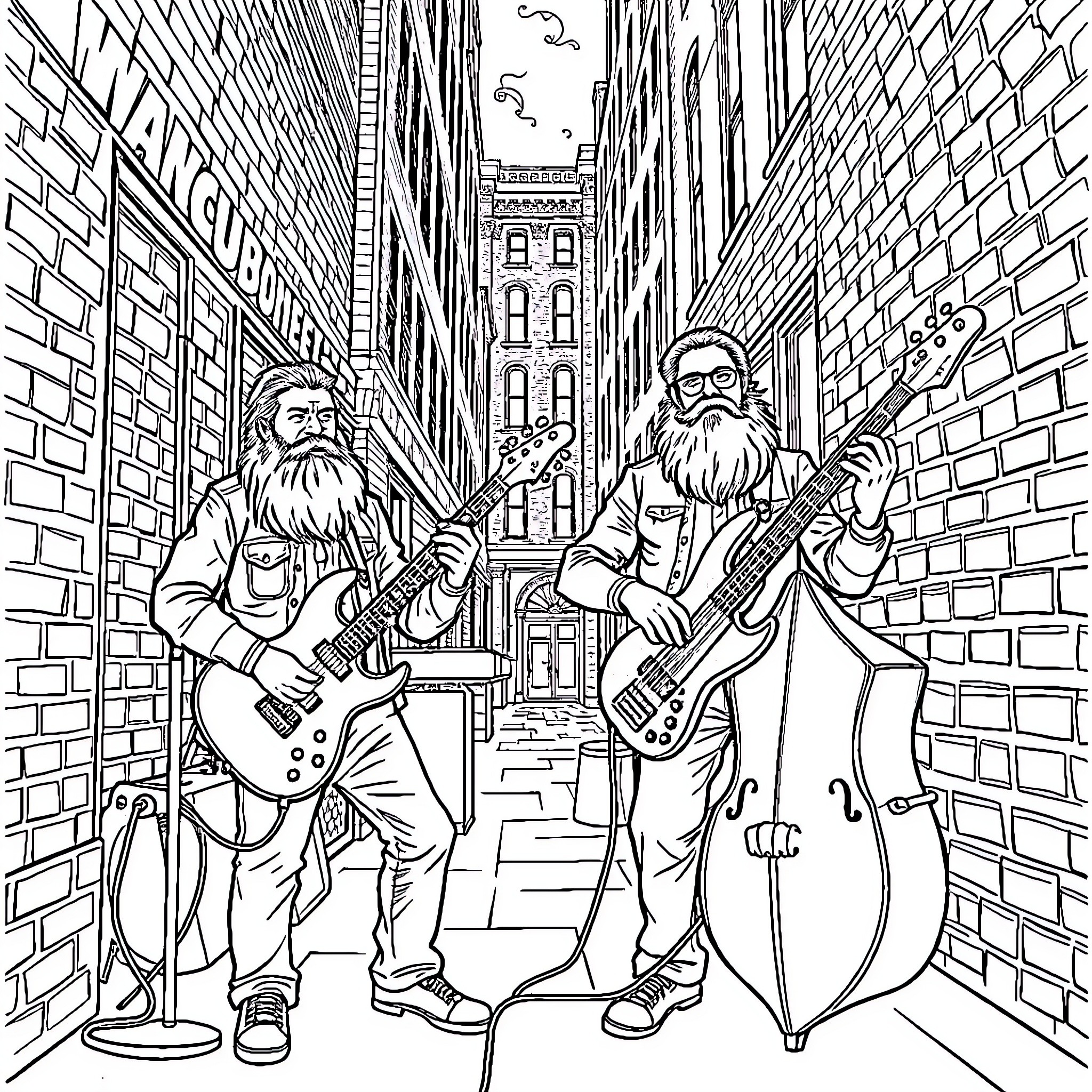 Man Performing Rock Music in Urban Alley Coloring Page (free black-and-white line drawing printable PDF for all, from beginners to advanced learners, including children, teens, adults, and seniors)