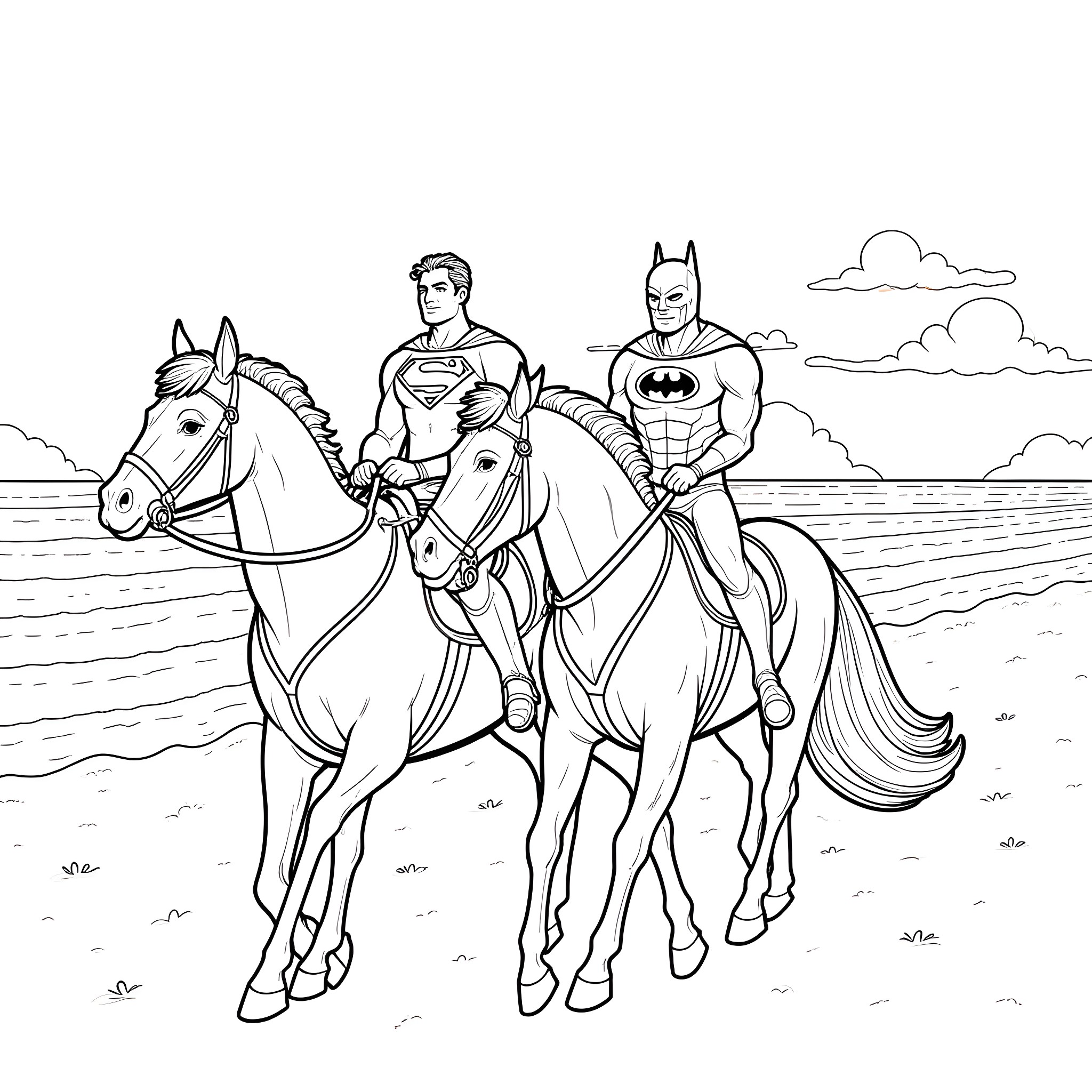 Superman, Batman, and Horses Riding on the Beach Coloring Page (free black-and-white line drawing printable PDF for all, from beginners to advanced learners, including children, teens, adults, and seniors)