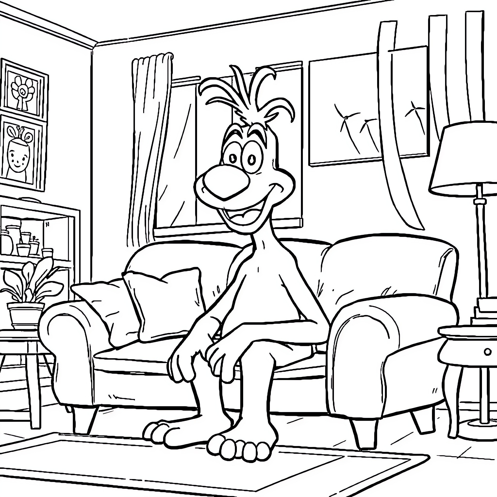 Alf relaxing comfortably in his living room Coloring Page (free black-and-white line drawing printable PDF for all, from beginners to advanced learners, including children, teens, adults, and seniors)