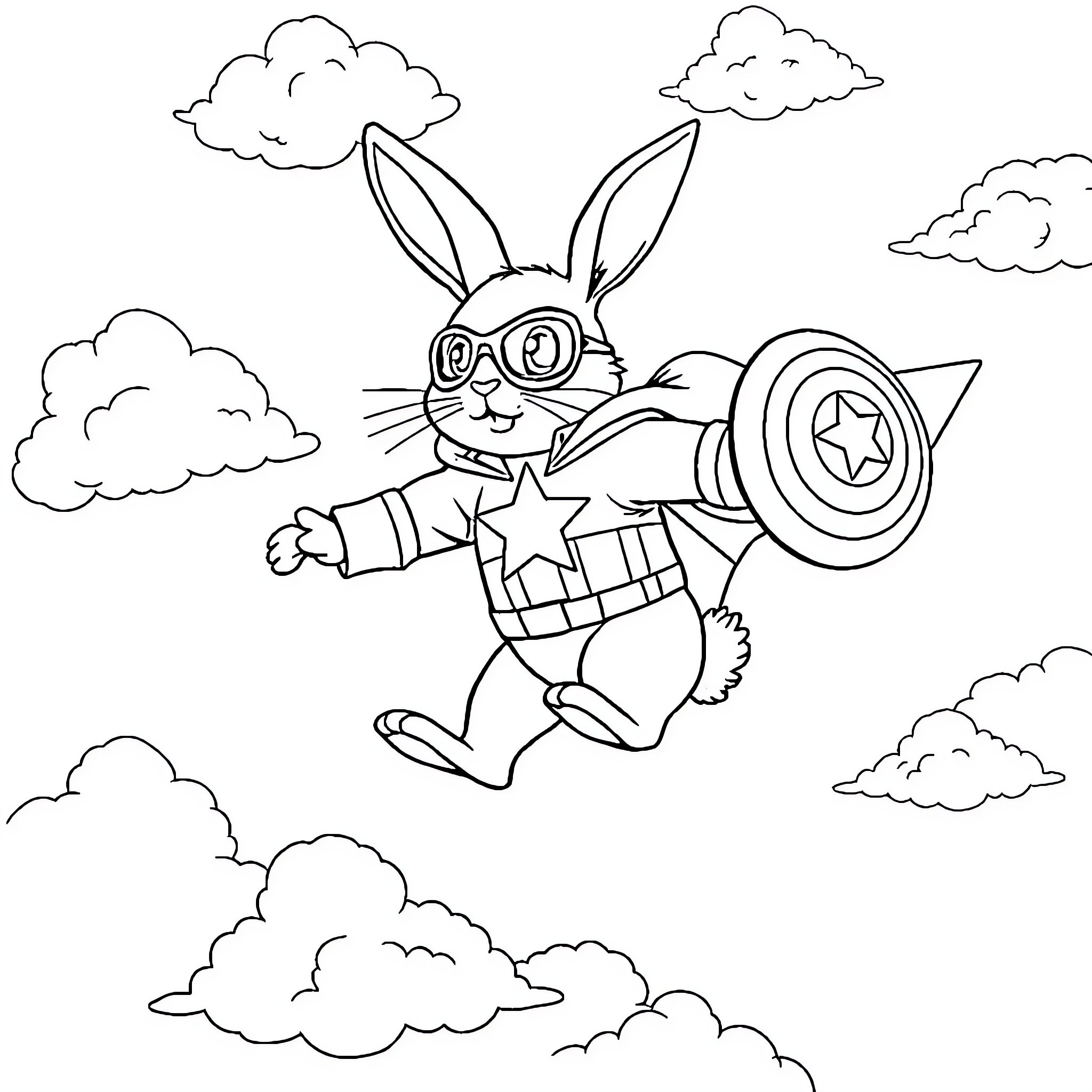 Rabbit superhero flying through the clouds Coloring Page (free black-and-white line drawing printable PDF for all, from beginners to advanced learners, including children, teens, adults, and seniors)