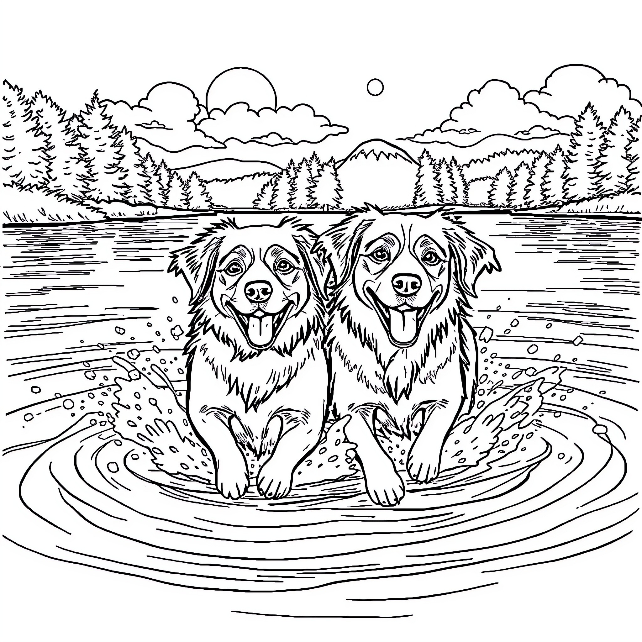 Dog Companions Enjoying the Lakeside Landscape Coloring Page (free black-and-white line drawing printable PDF for all, from beginners to advanced learners, including children, teens, adults, and seniors)