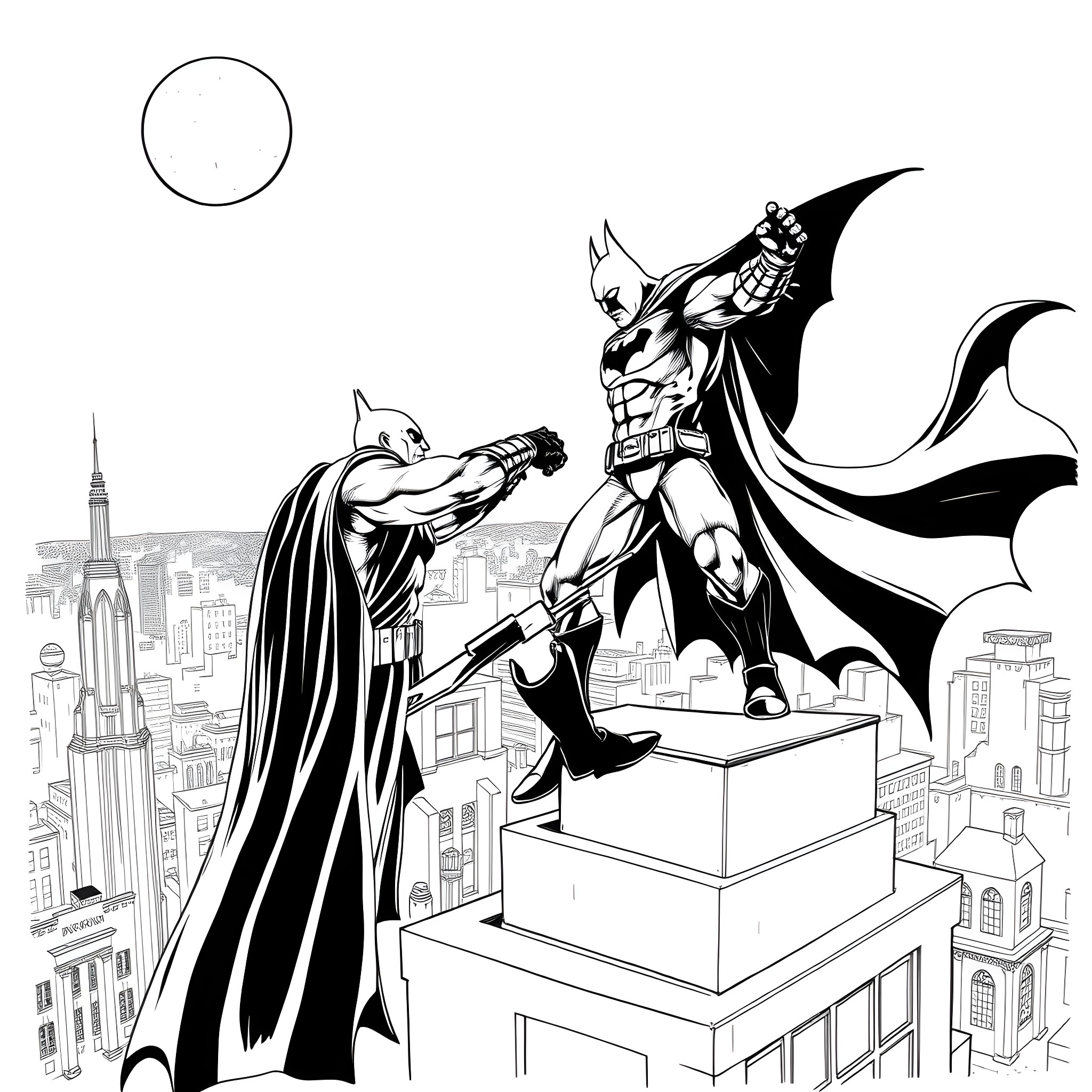 Bane's Confrontation with the Dark Knight in the City Coloring Page (free black-and-white line drawing printable PDF for all, from beginners to advanced learners, including children, teens, adults, and seniors)