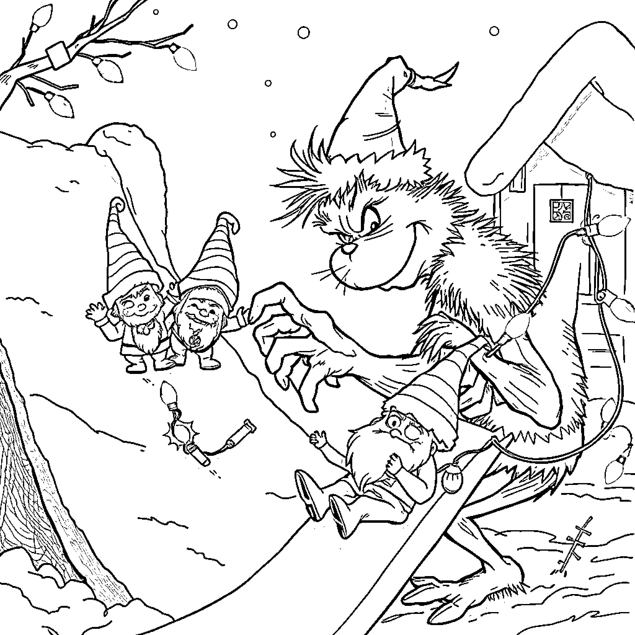Grinch mischievously plotting against the gnomes in the snowy forest Coloring Page (free black-and-white line drawing printable PDF for all, from beginners to advanced learners, including children, teens, adults, and seniors)