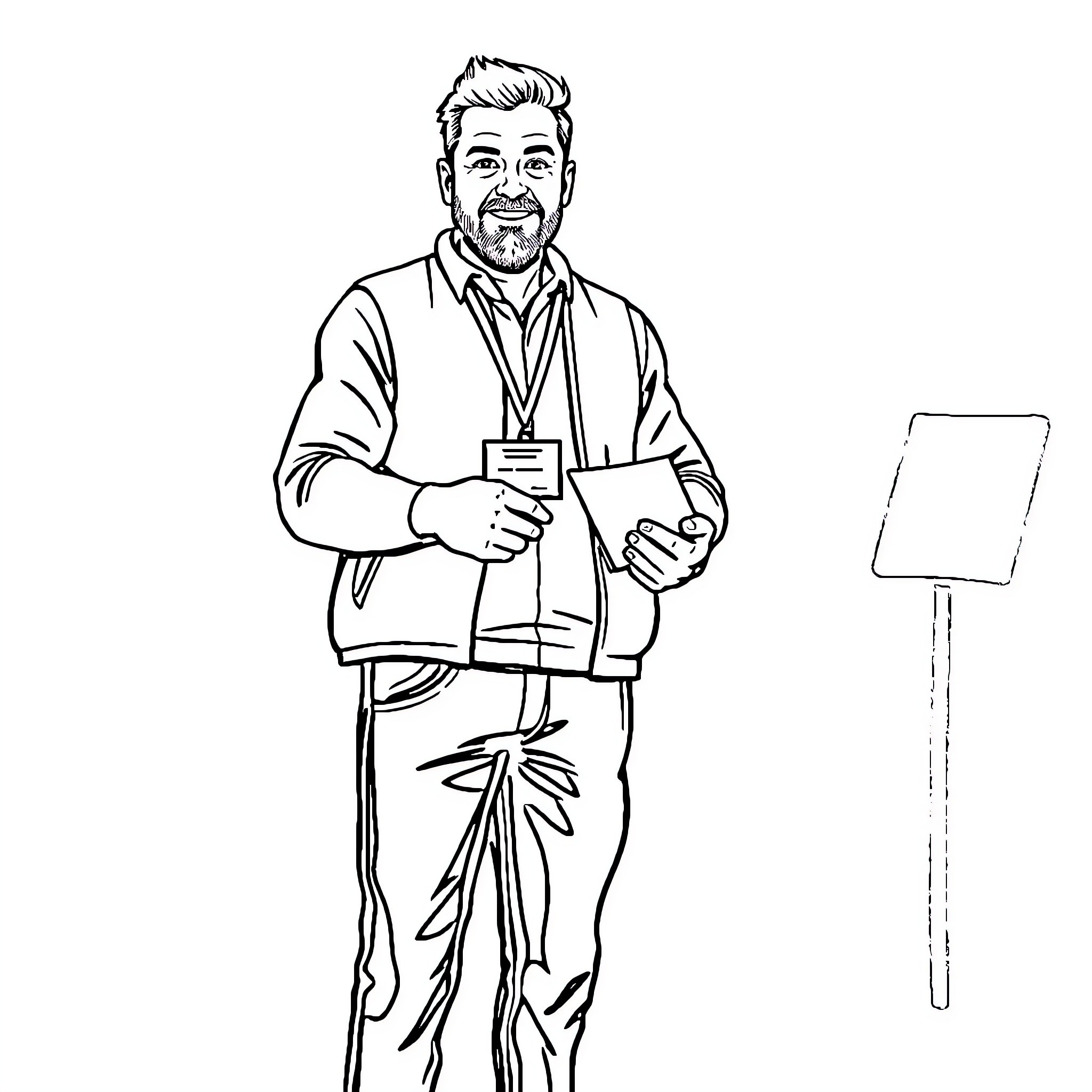Man holding sign and clipboard in formal attire Coloring Page (free black-and-white line drawing printable PDF for all, from beginners to advanced learners, including children, teens, adults, and seniors)