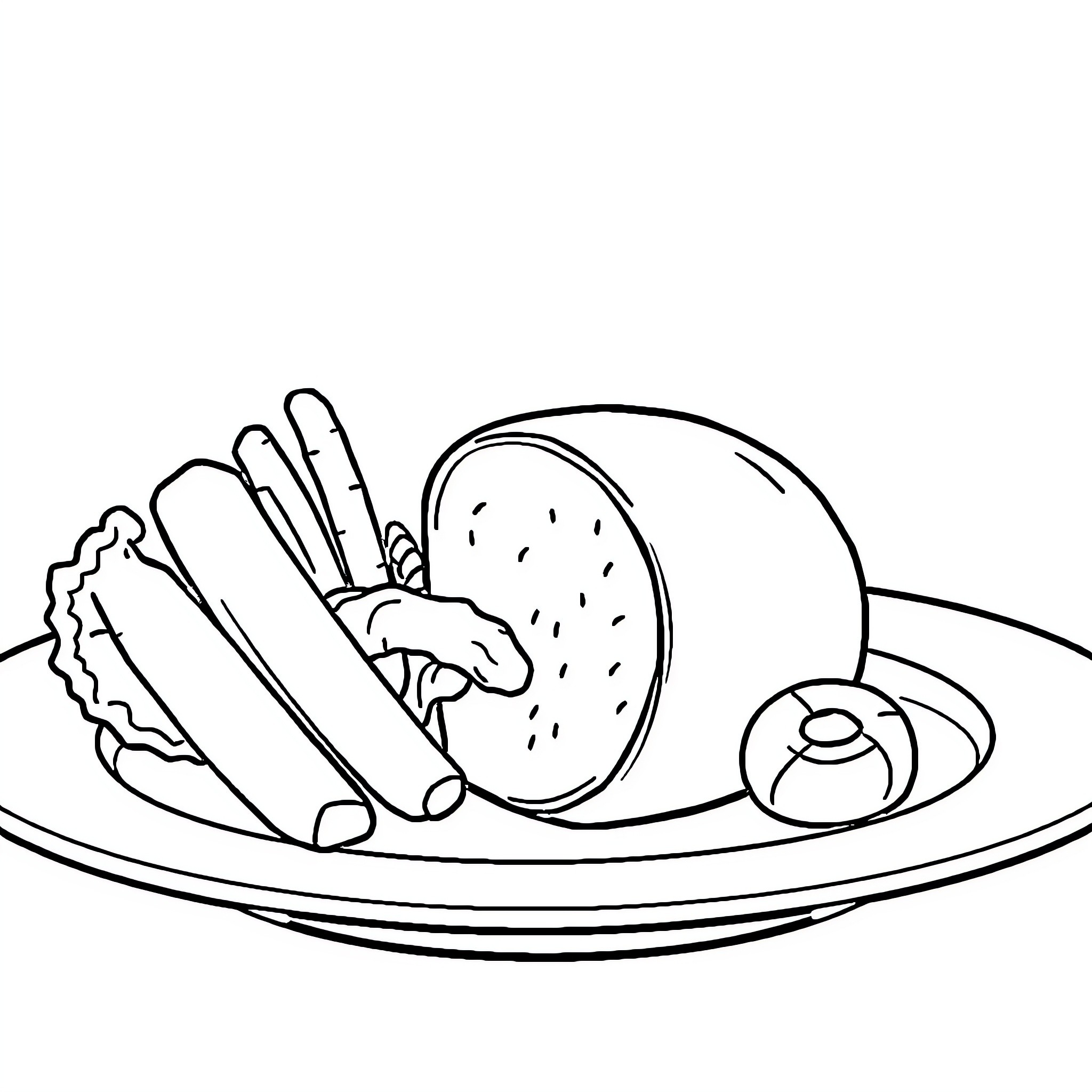 Food served on a plate with various items Coloring Page (free black-and-white line drawing printable PDF for all, from beginners to advanced learners, including children, teens, adults, and seniors)