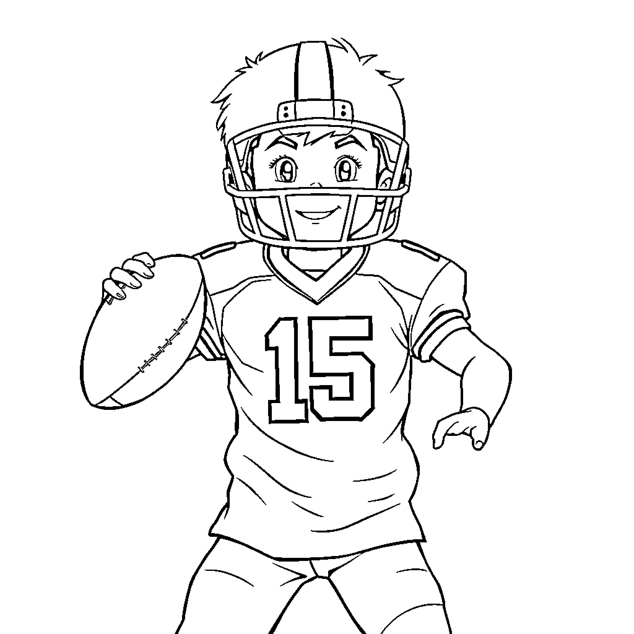 Boy playing with American football Coloring Page (free black-and-white line drawing printable PDF for all, from beginners to advanced learners, including children, teens, adults, and seniors)