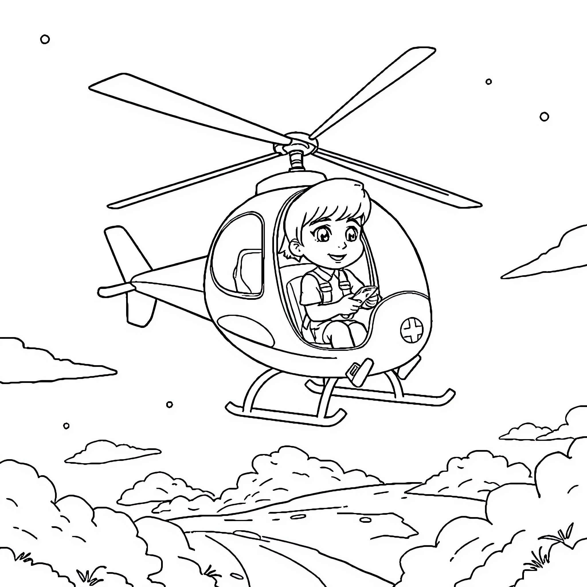 Stella's Helicopter Adventure in the Sky Coloring Page (free black-and-white line drawing printable PDF for all, from beginners to advanced learners, including children, teens, adults, and seniors)