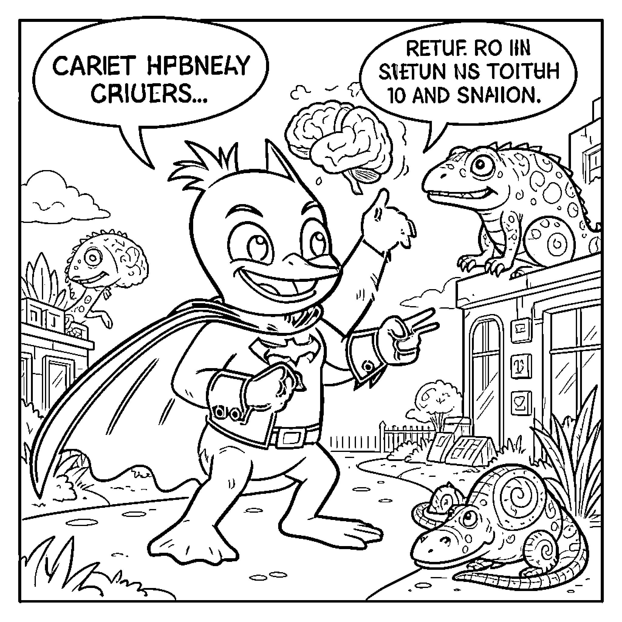 Carrot superhero character interacting with various friendly creatures Coloring Page (free black-and-white line drawing printable PDF for all, from beginners to advanced learners, including children, teens, adults, and seniors)
