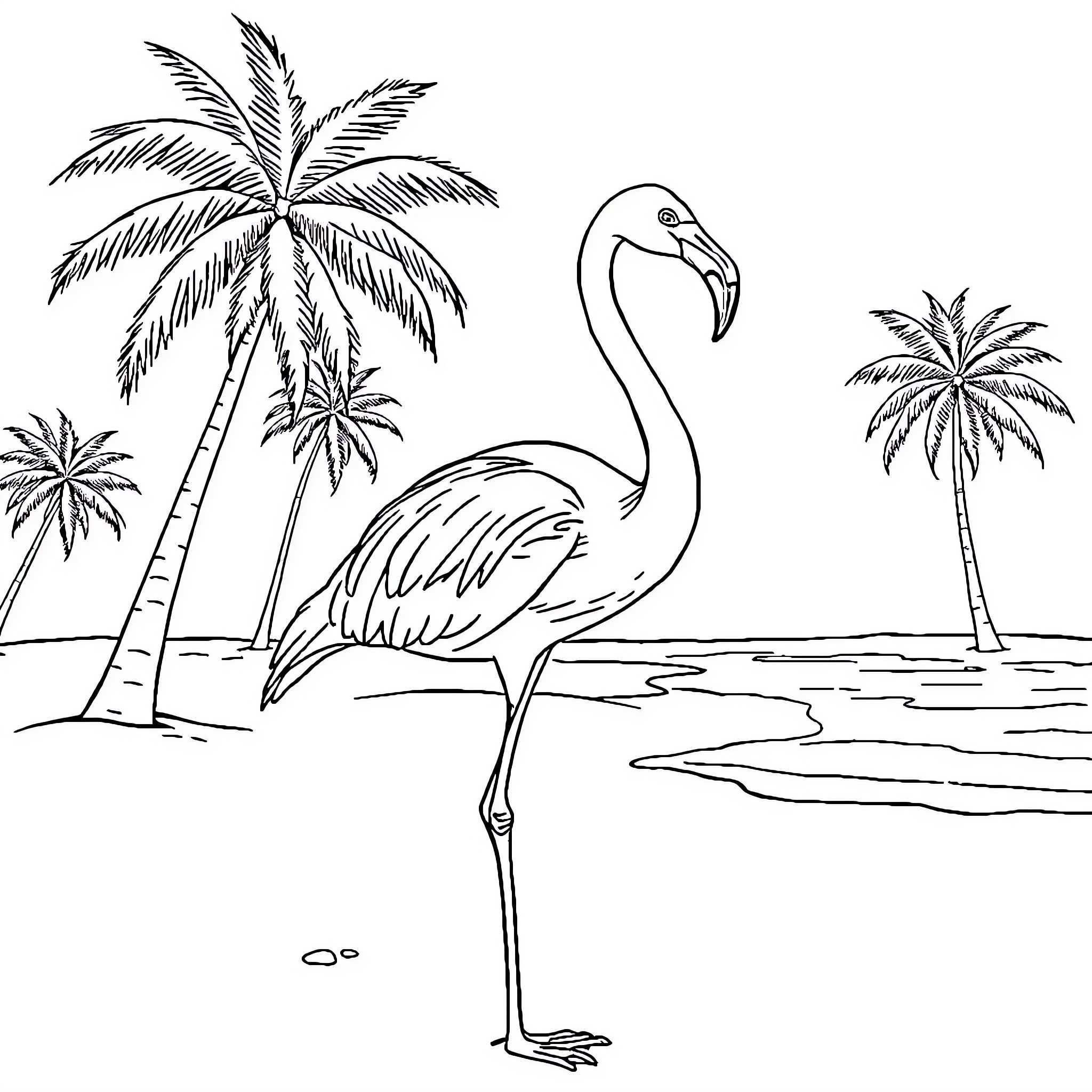 Flamingo standing tall in tropical paradise Coloring Page (free black-and-white line drawing printable PDF for all, from beginners to advanced learners, including children, teens, adults, and seniors)