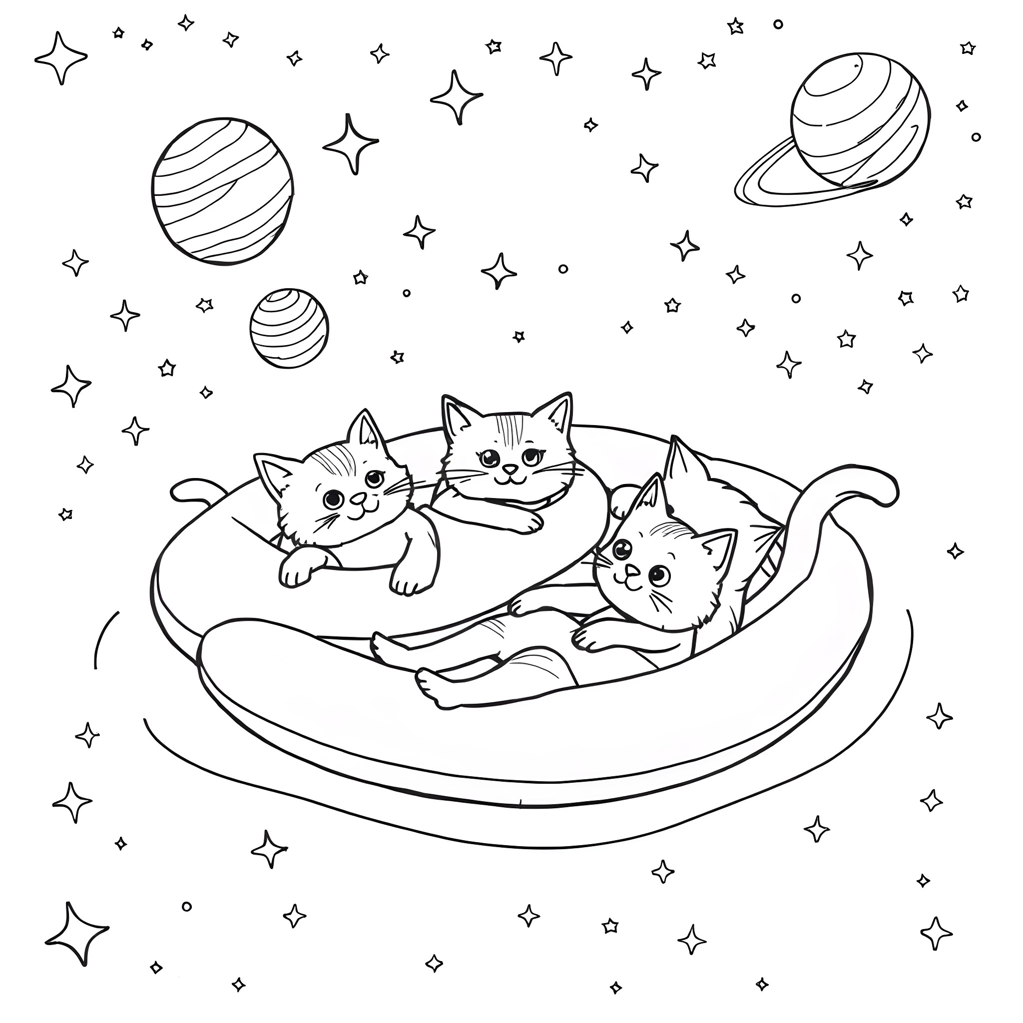 Cats cuddling in a cosmic bowl Coloring Page (free black-and-white line drawing printable PDF for all, from beginners to advanced learners, including children, teens, adults, and seniors)