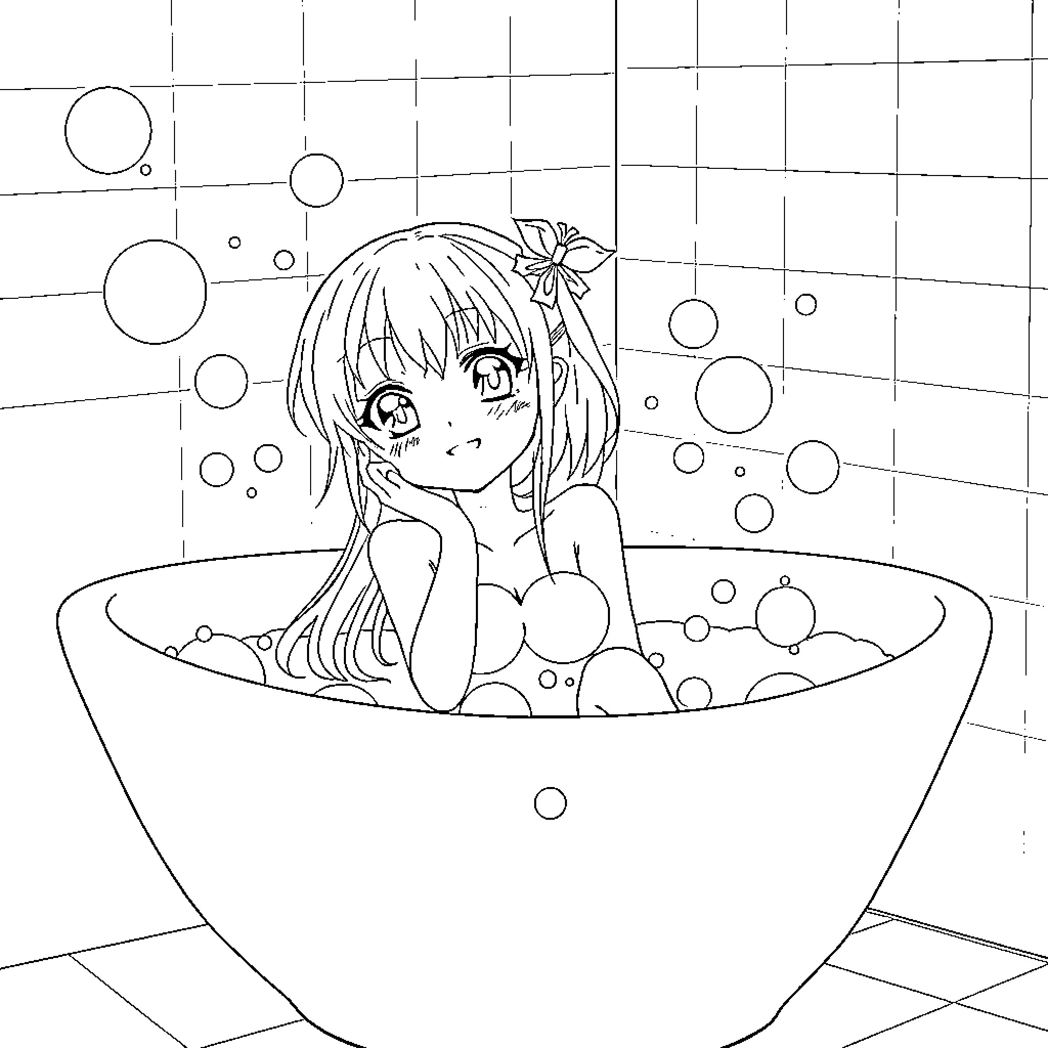 Anime Girl Relaxing in Bubbly Bathtub Coloring Page (free black-and-white line drawing printable PDF for all, from beginners to advanced learners, including children, teens, adults, and seniors)