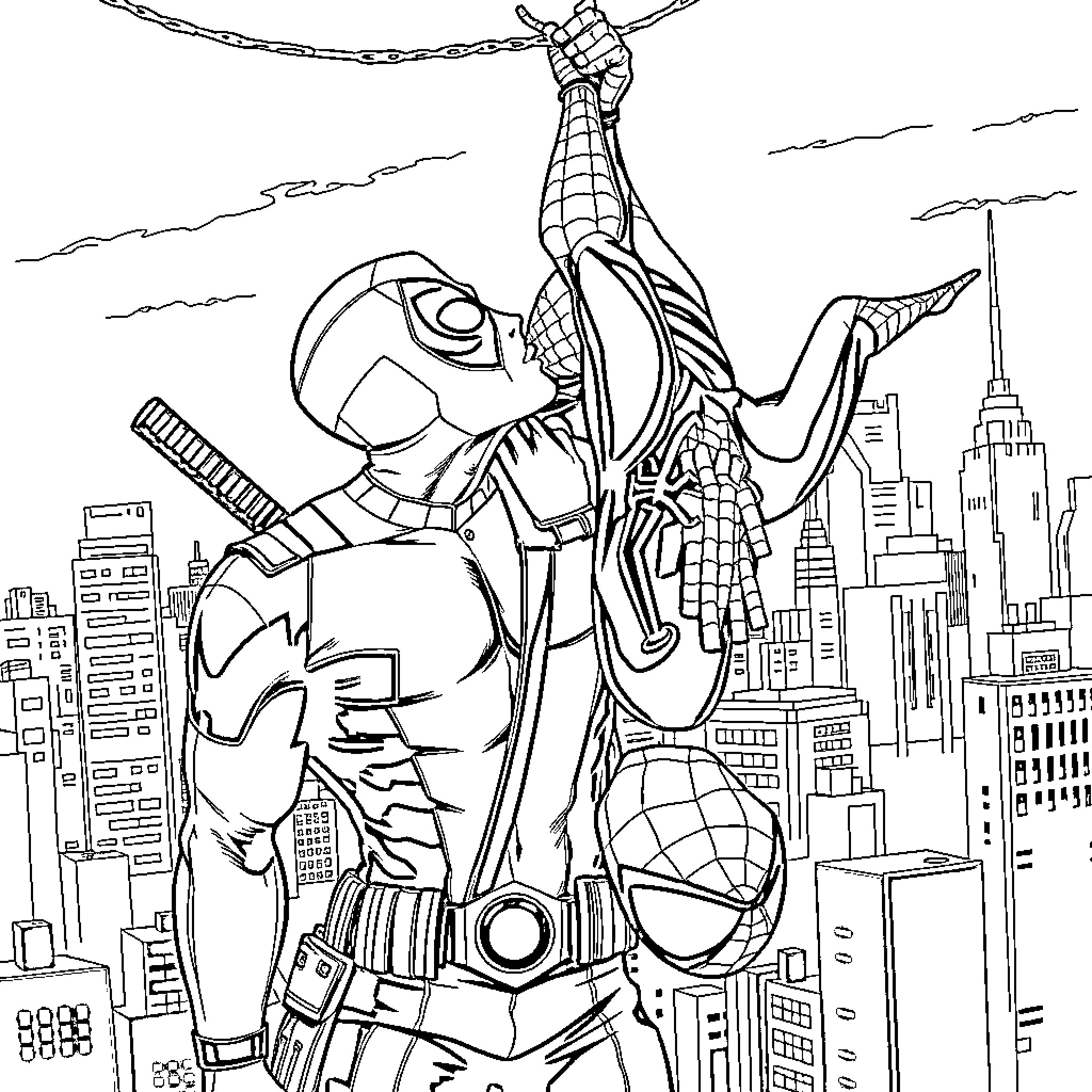 Deadpool swinging through the city skyline Coloring Page (free black-and-white line drawing printable PDF for all, from beginners to advanced learners, including children, teens, adults, and seniors)