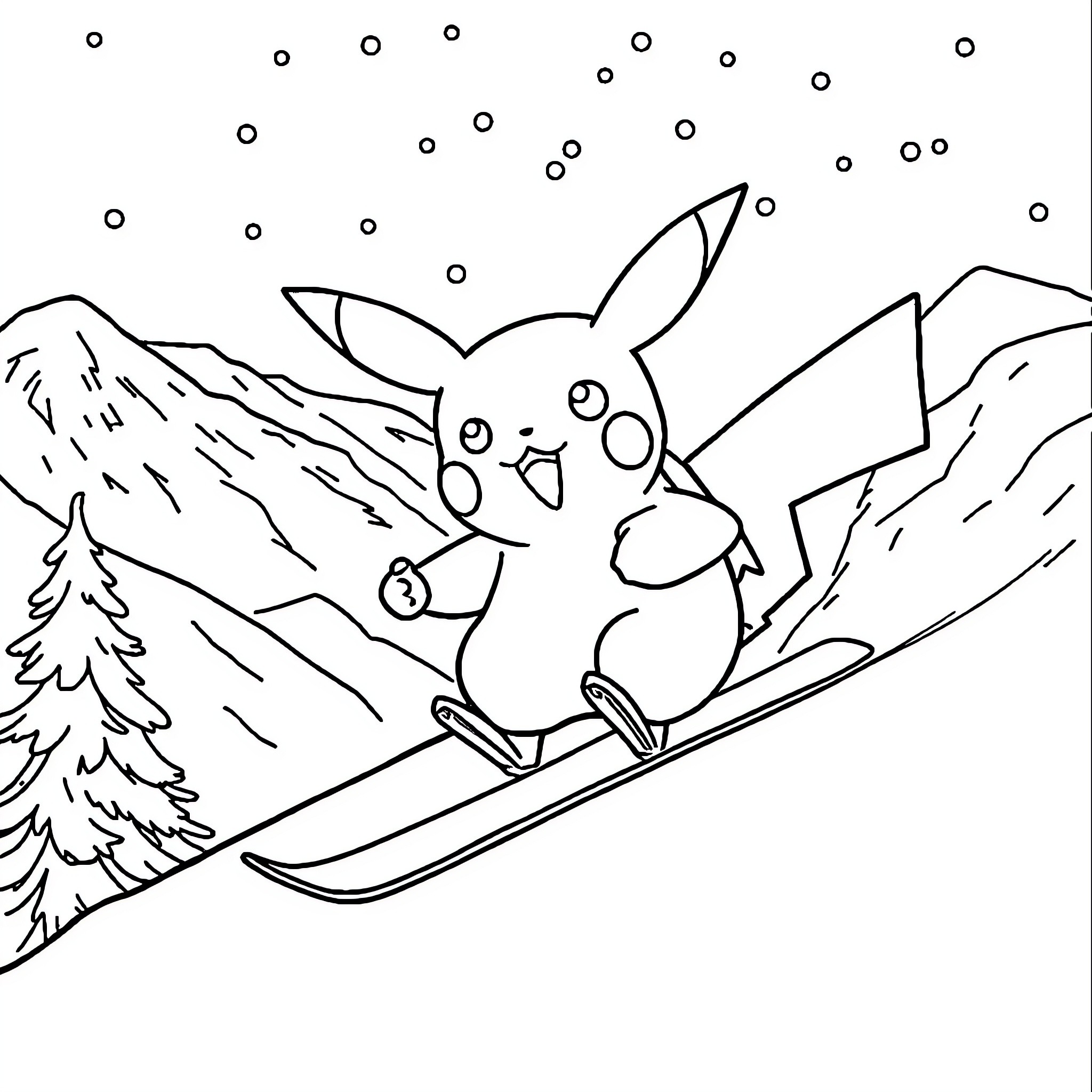 Pikachu skiing on the snowy mountain Coloring Page (free black-and-white line drawing printable PDF for all, from beginners to advanced learners, including children, teens, adults, and seniors)