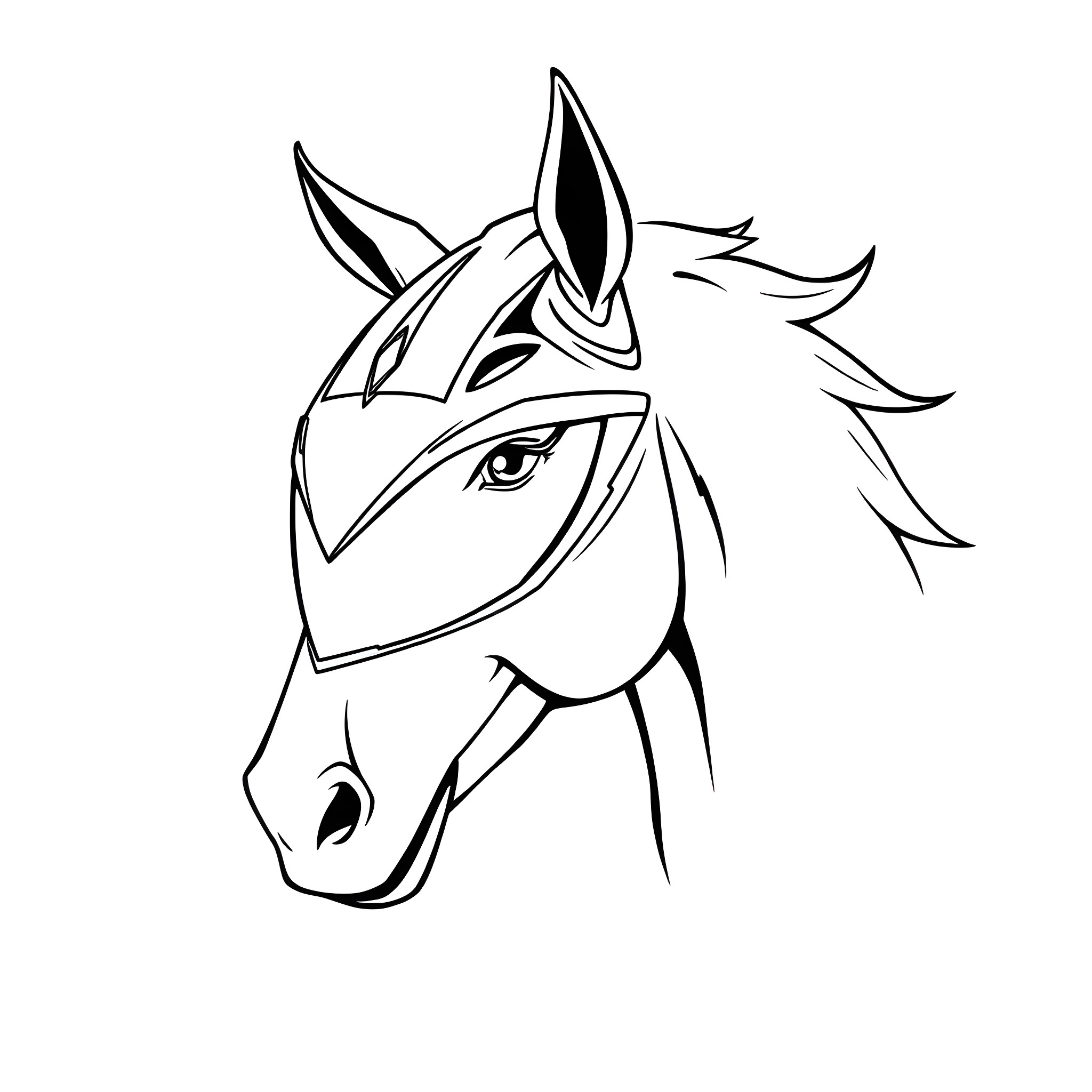 Horse head illustration with expressive features Coloring Page (free black-and-white line drawing printable PDF for all, from beginners to advanced learners, including children, teens, adults, and seniors)