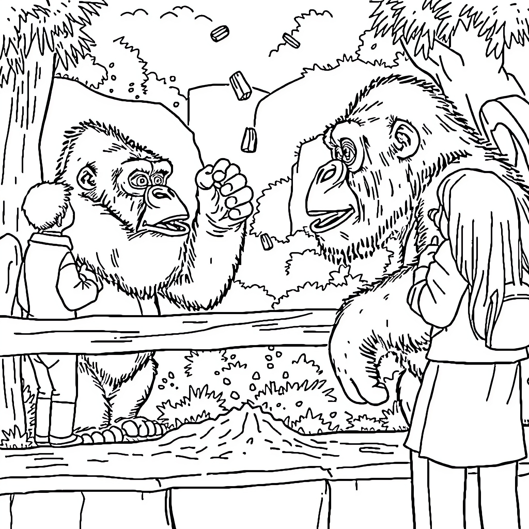 Gorillas interacting at the zoo enclosure Coloring Page (free black-and-white line drawing printable PDF for all, from beginners to advanced learners, including children, teens, adults, and seniors)