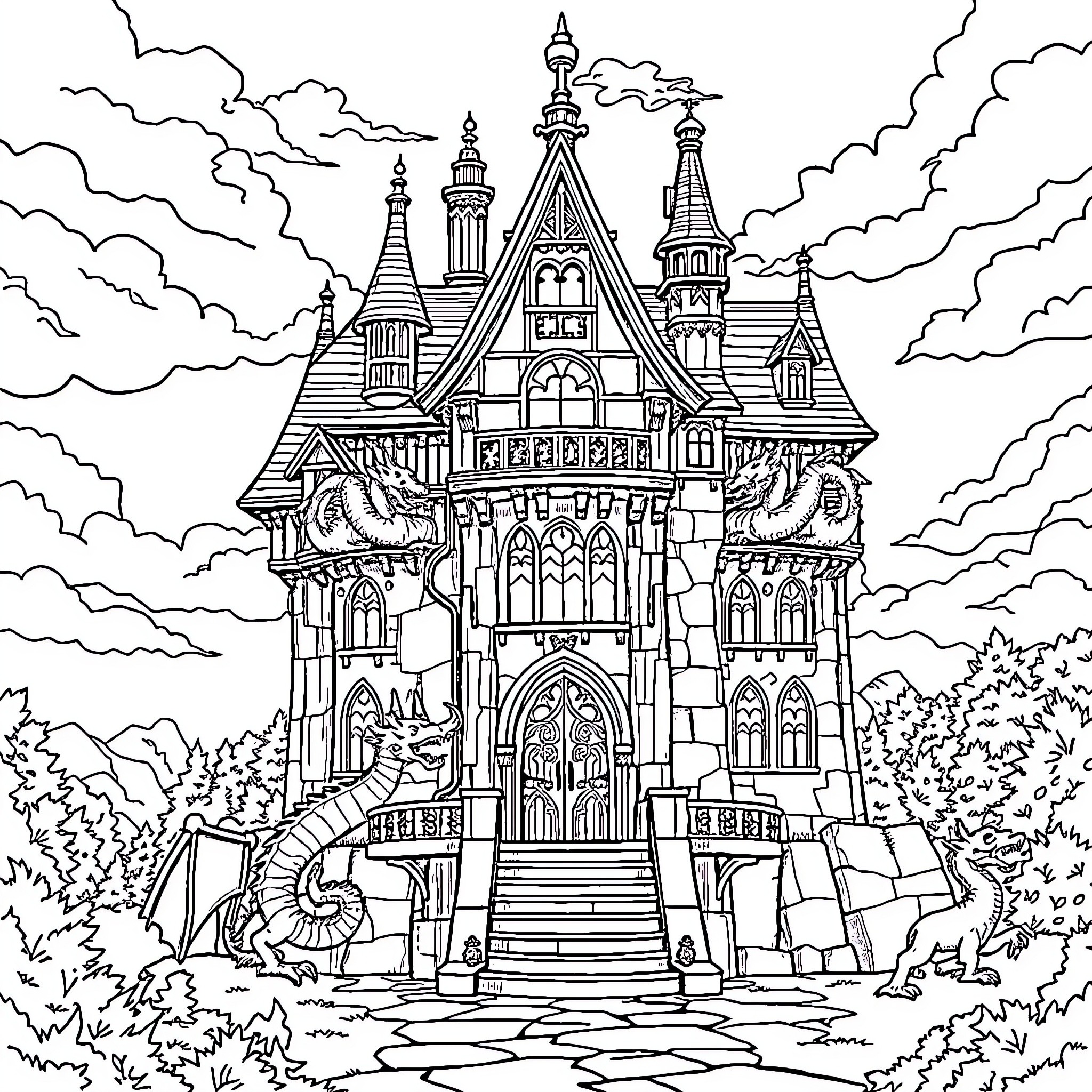 Dragon Dwelling in a Fantastical Castle Coloring Page (free black-and-white line drawing printable PDF for all, from beginners to advanced learners, including children, teens, adults, and seniors)