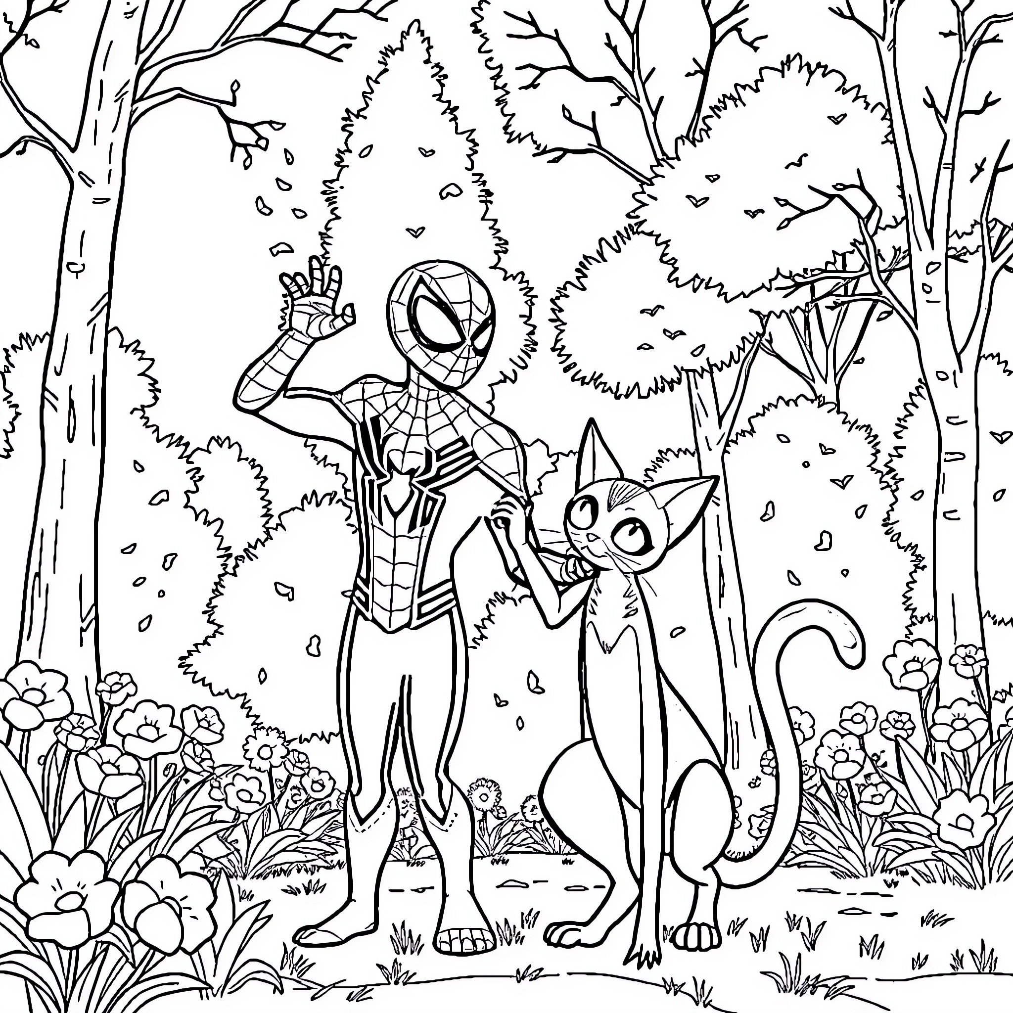 Spiderman and friendly forest creature in the woods Coloring Page (free black-and-white line drawing printable PDF for all, from beginners to advanced learners, including children, teens, adults, and seniors)