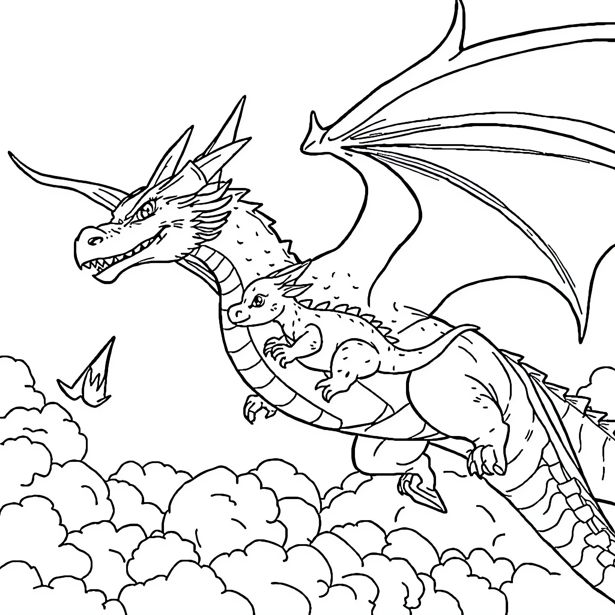 Dragon soaring through the clouds Coloring Page (free black-and-white line drawing printable PDF for all, from beginners to advanced learners, including children, teens, adults, and seniors)