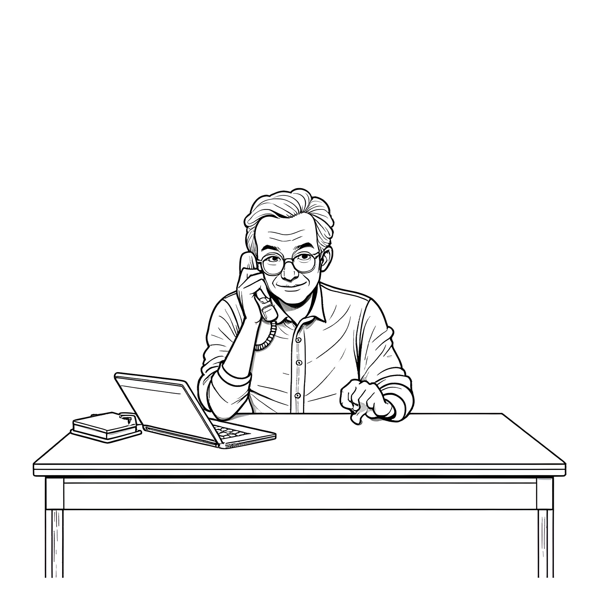 Man working diligently at his desk with laptop Coloring Page (free black-and-white line drawing printable PDF for all, from beginners to advanced learners, including children, teens, adults, and seniors)