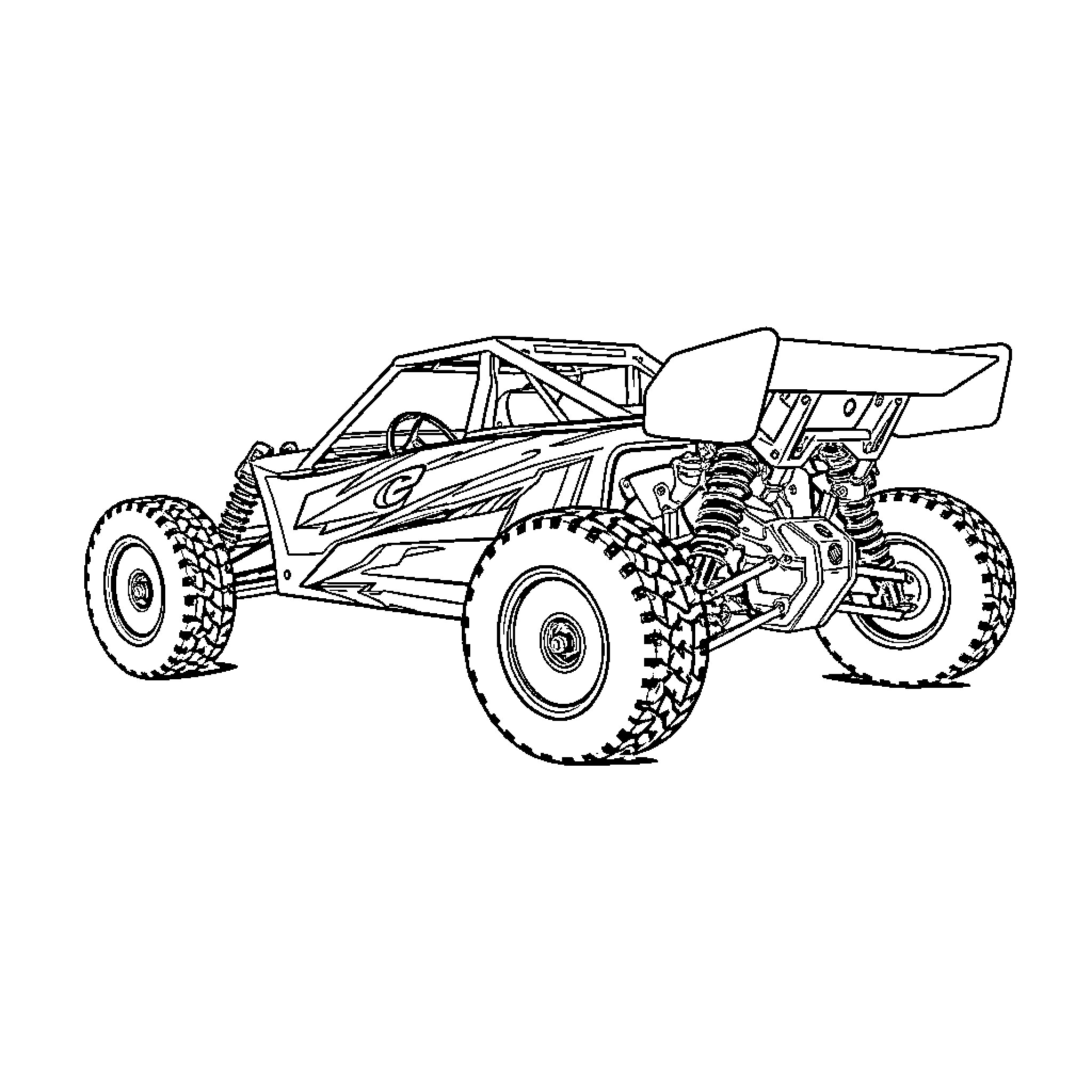 RC Buggy racing through rugged terrain Coloring Page (free black-and-white line drawing printable PDF for all, from beginners to advanced learners, including children, teens, adults, and seniors)