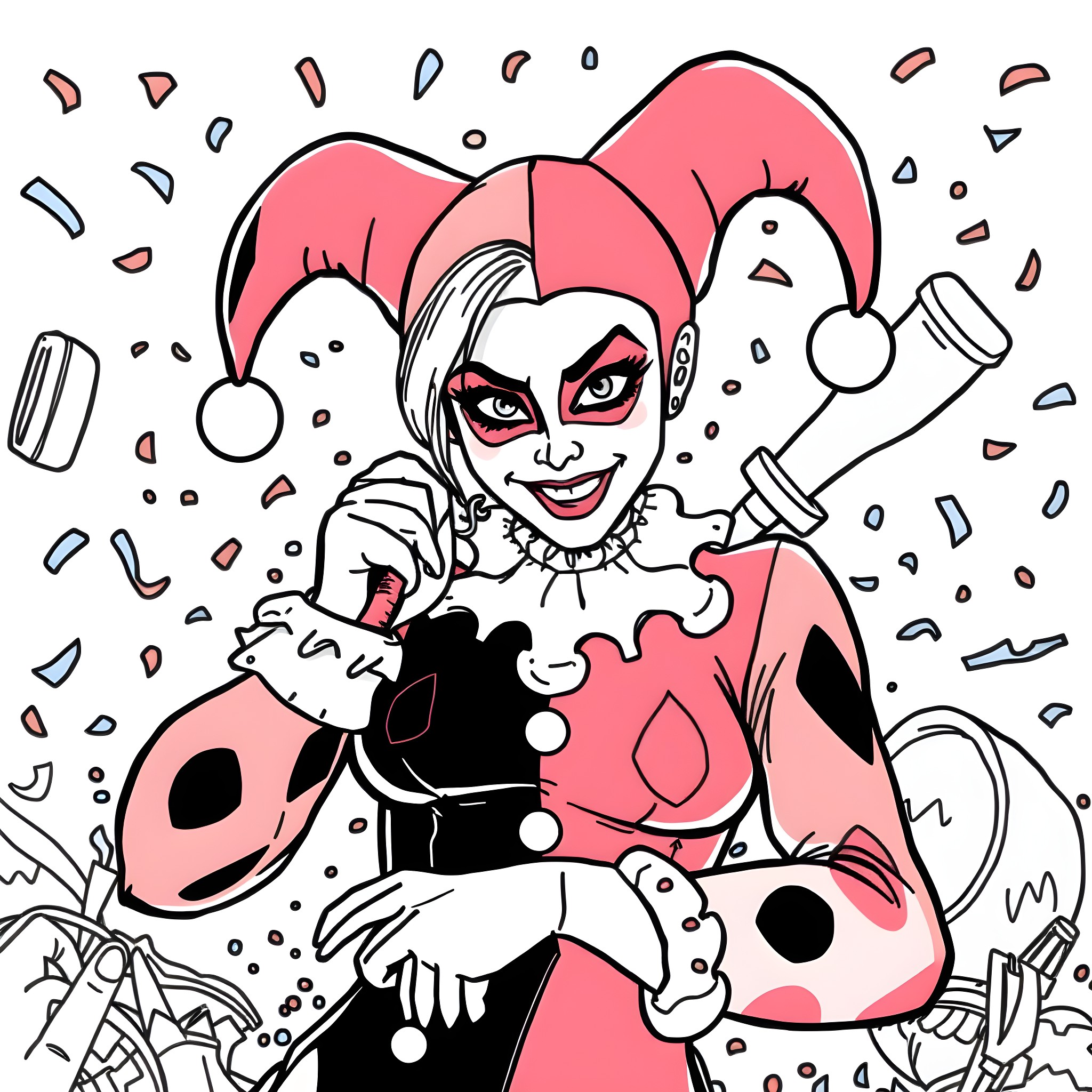 Harley Quinn in Energetic and Exuberant Pose Coloring Page (free black-and-white line drawing printable PDF for all, from beginners to advanced learners, including children, teens, adults, and seniors)