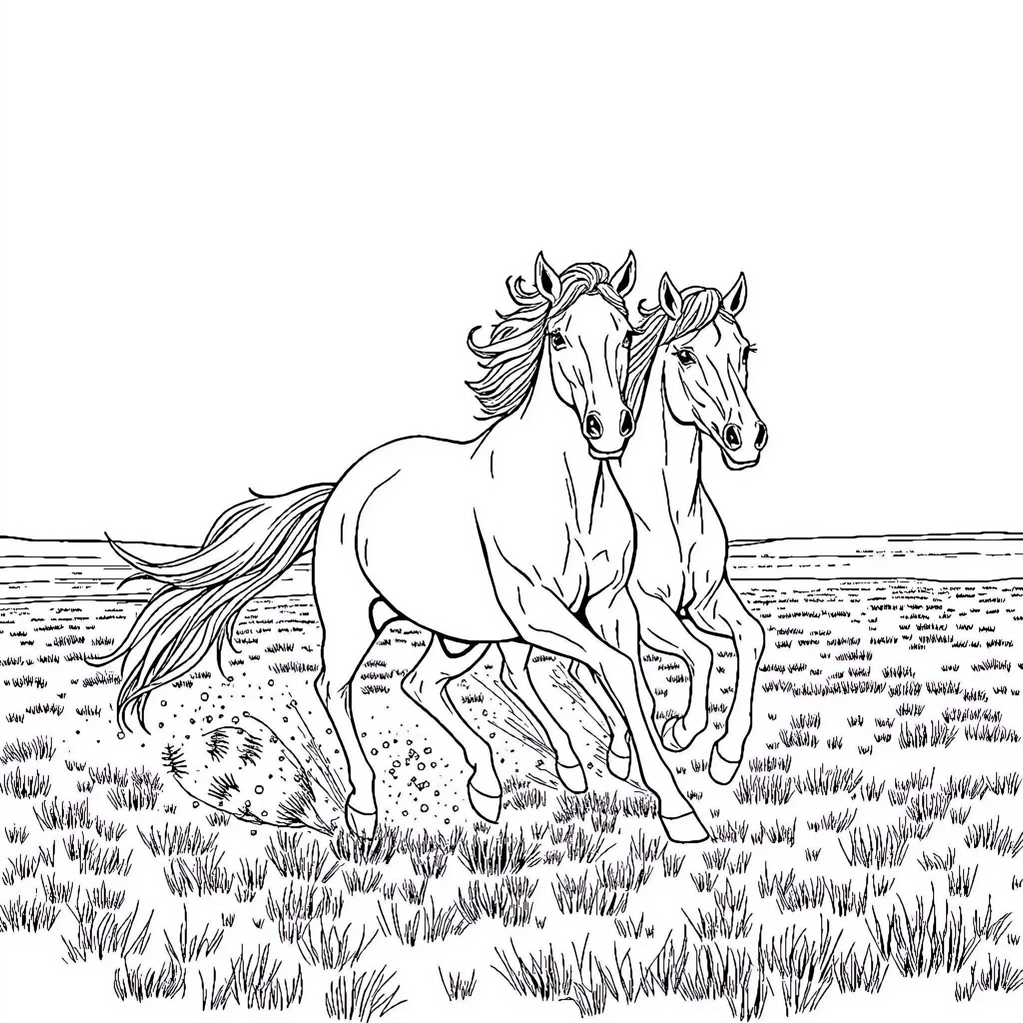 Horse Pair Galloping Freely in Grassy Field Coloring Page (free black-and-white line drawing printable PDF for all, from beginners to advanced learners, including children, teens, adults, and seniors)