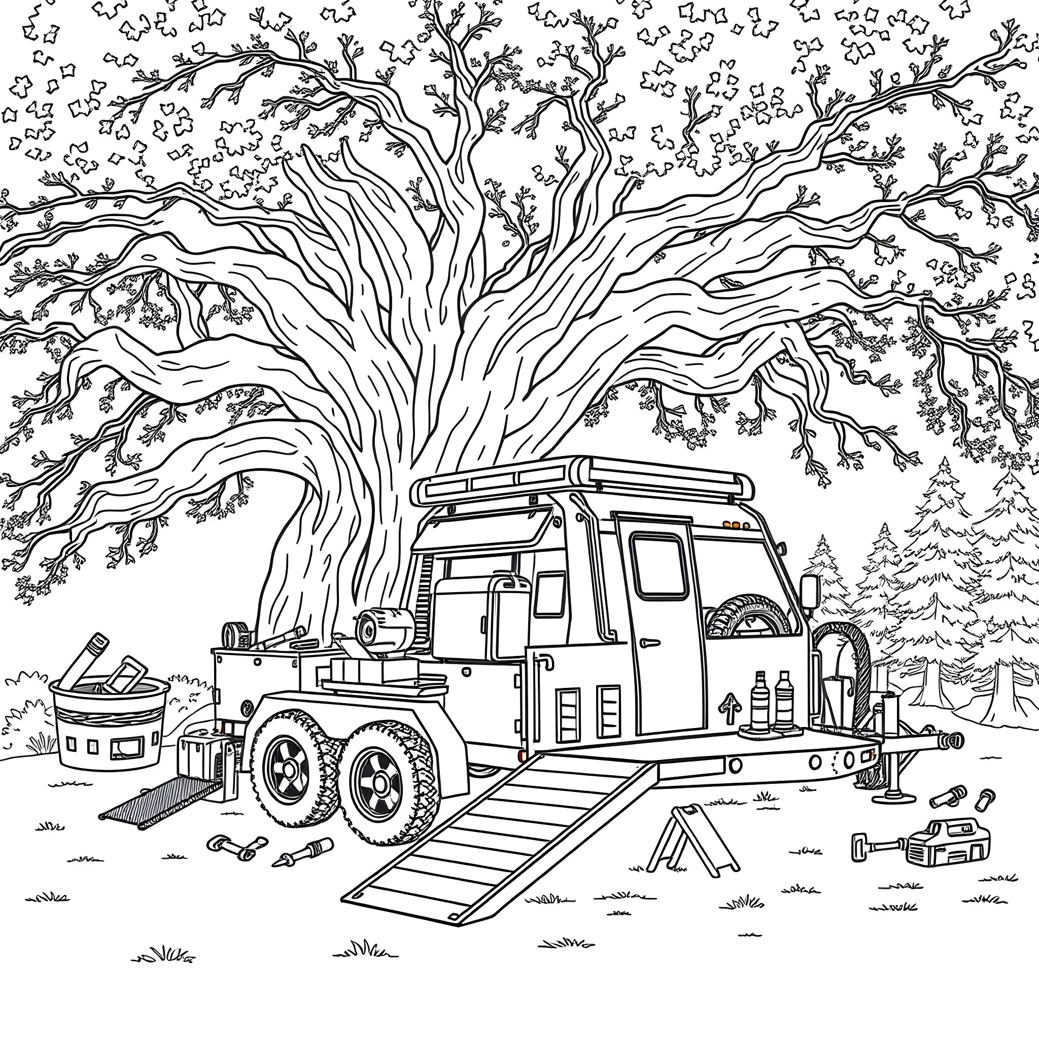 Car Trailer Camping Adventure in the Wilderness Coloring Page (free black-and-white line drawing printable PDF for all, from beginners to advanced learners, including children, teens, adults, and seniors)