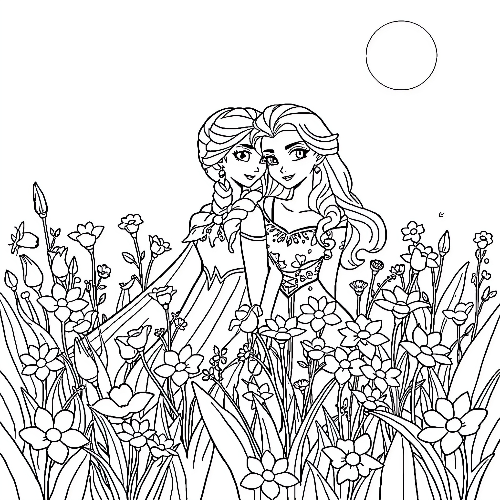 Elsa and Anna explore the magical flower garden Coloring Page (free black-and-white line drawing printable PDF for all, from beginners to advanced learners, including children, teens, adults, and seniors)