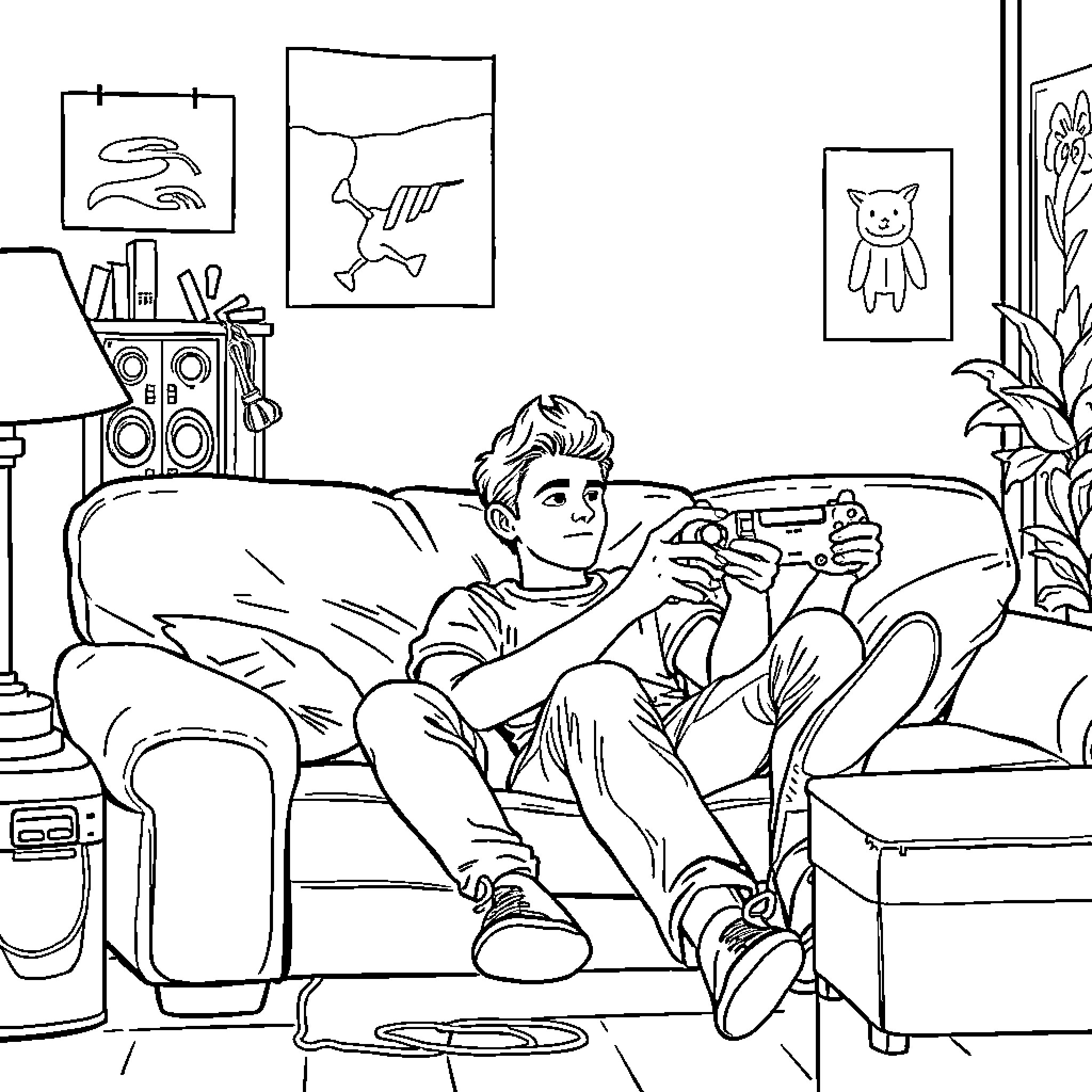 Bro enjoying video games on the couch Coloring Page (free black-and-white line drawing printable PDF for all, from beginners to advanced learners, including children, teens, adults, and seniors)