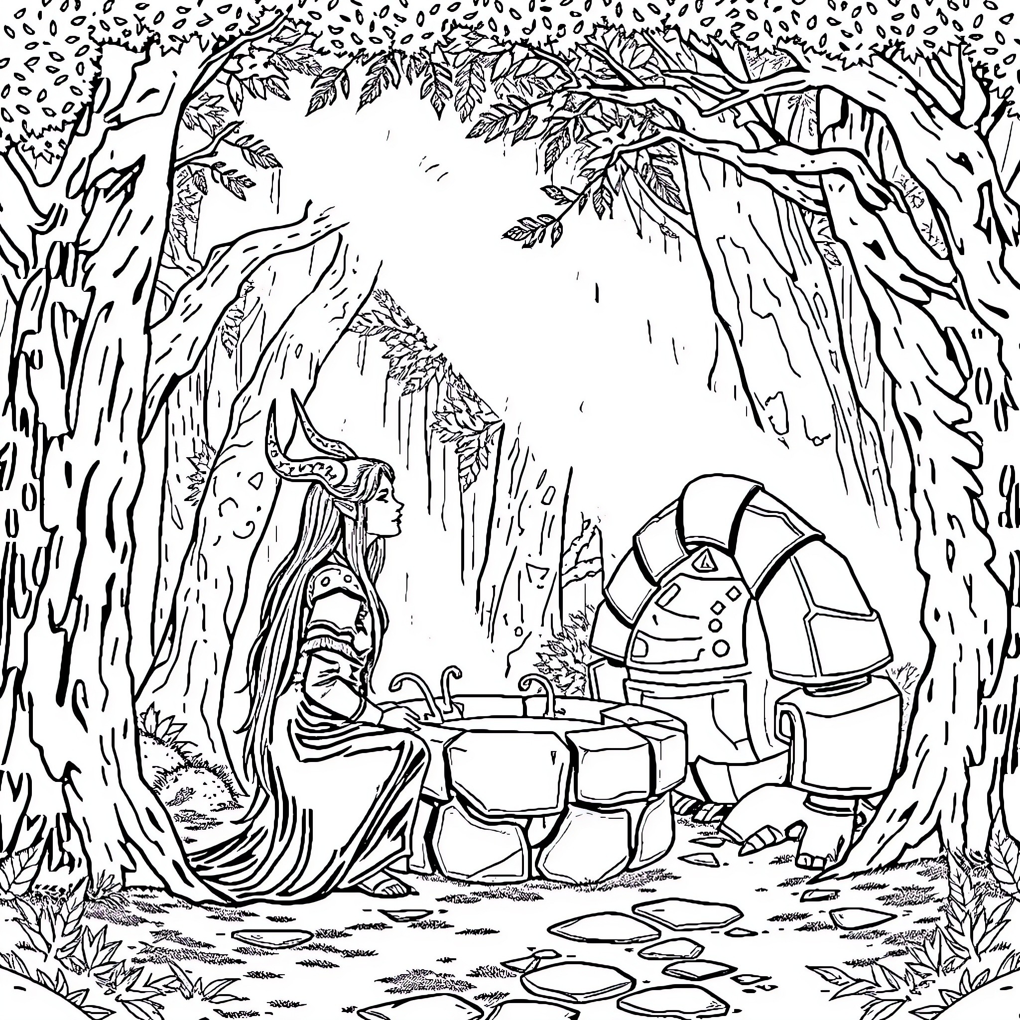 Druid in mystical forest with magical artifacts Coloring Page (free black-and-white line drawing printable PDF for all, from beginners to advanced learners, including children, teens, adults, and seniors)